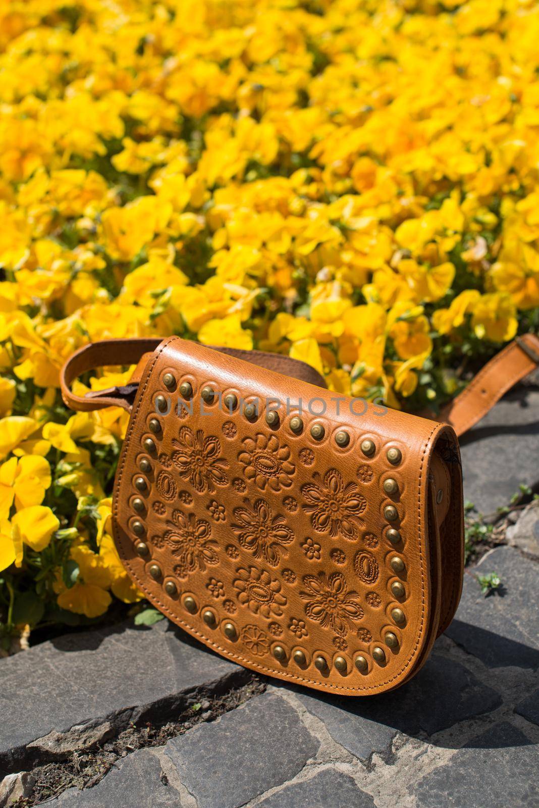 small yellow women's leather bag with a carved pattern by Ashtray25