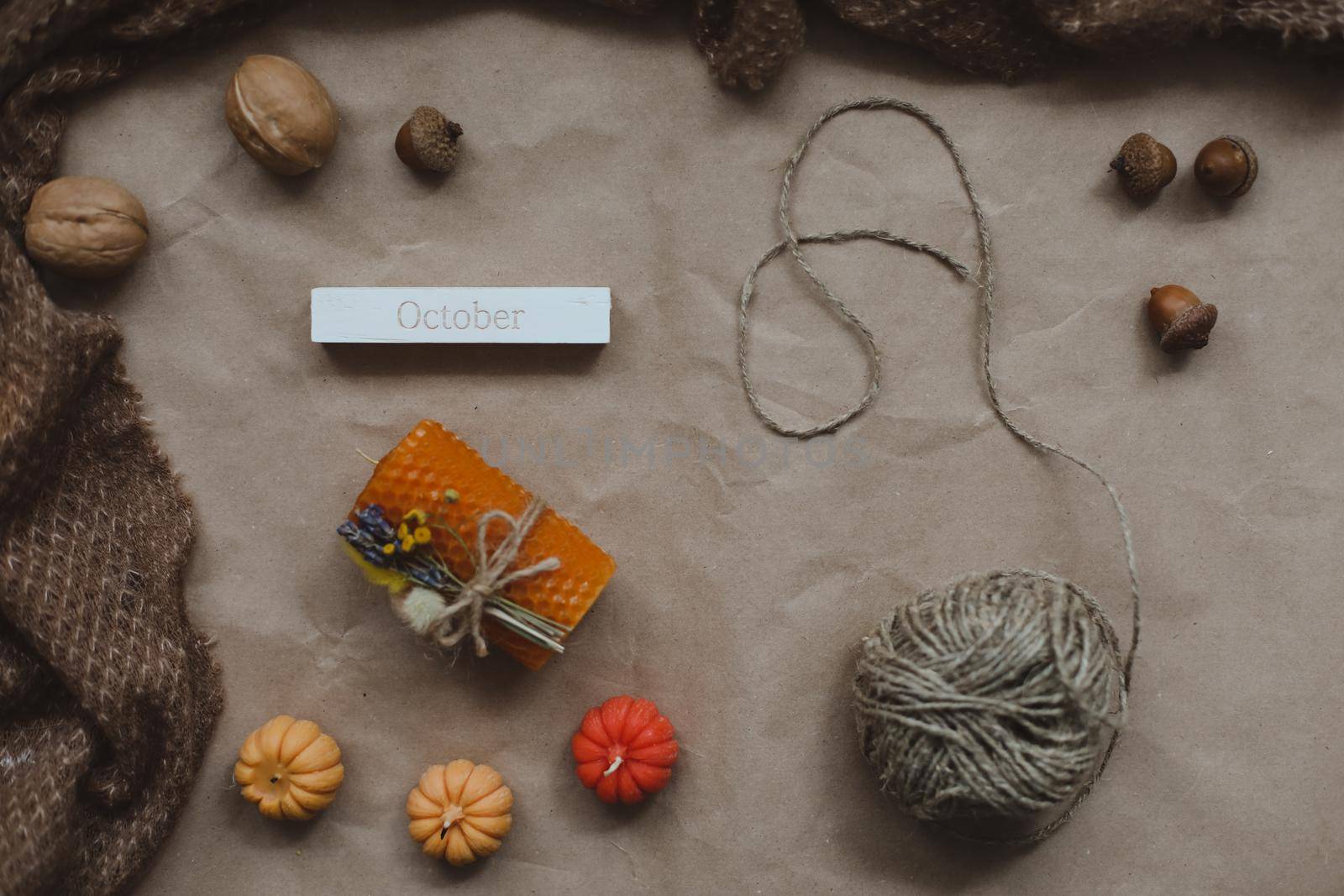 Cozy autumn composition. Hygge home decor. Halloween and Thanksgiving concept.