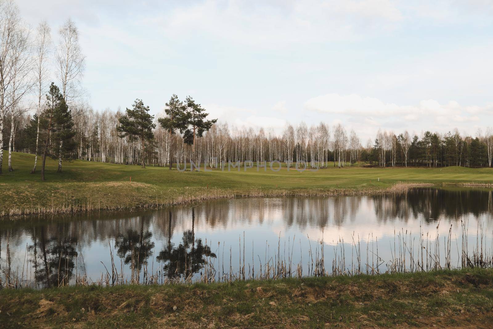 spring landscape, forest lake in spring surrounded by trees, calm water surface with reflection, bright sunlight and blue sky.