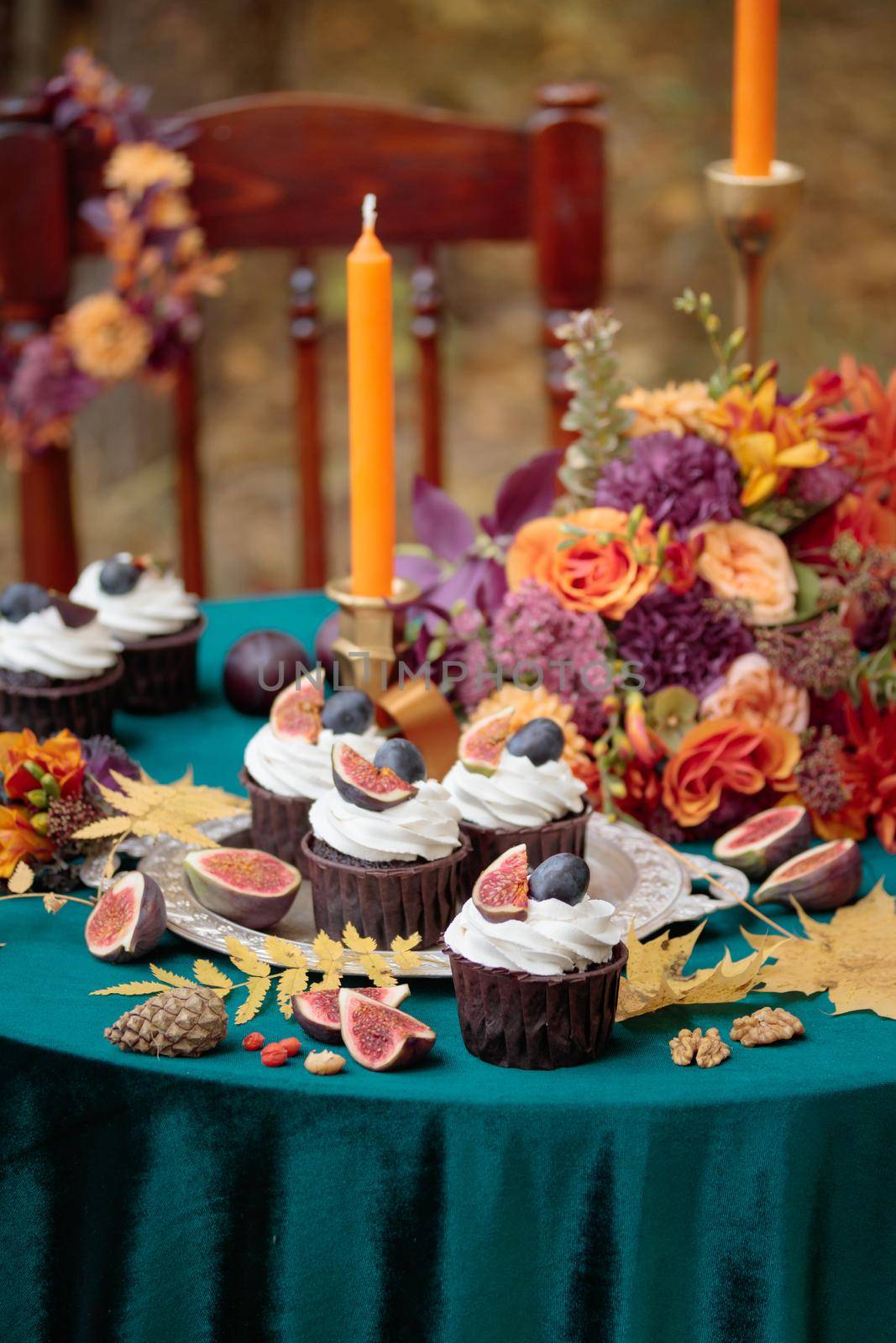 Autumn sweet dessert decorated on a table in the park