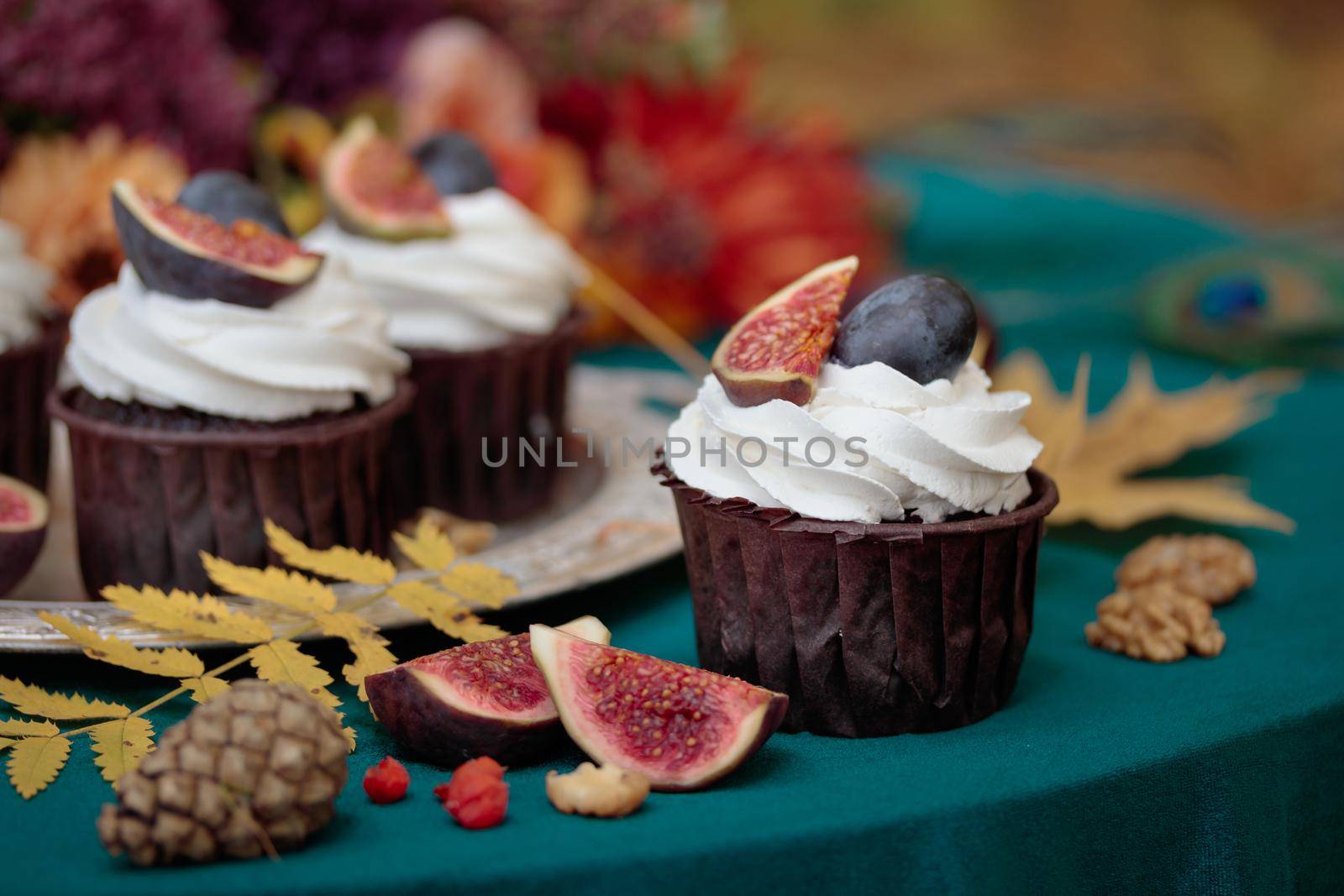 Autumn sweet dessert decorated on a table in the park