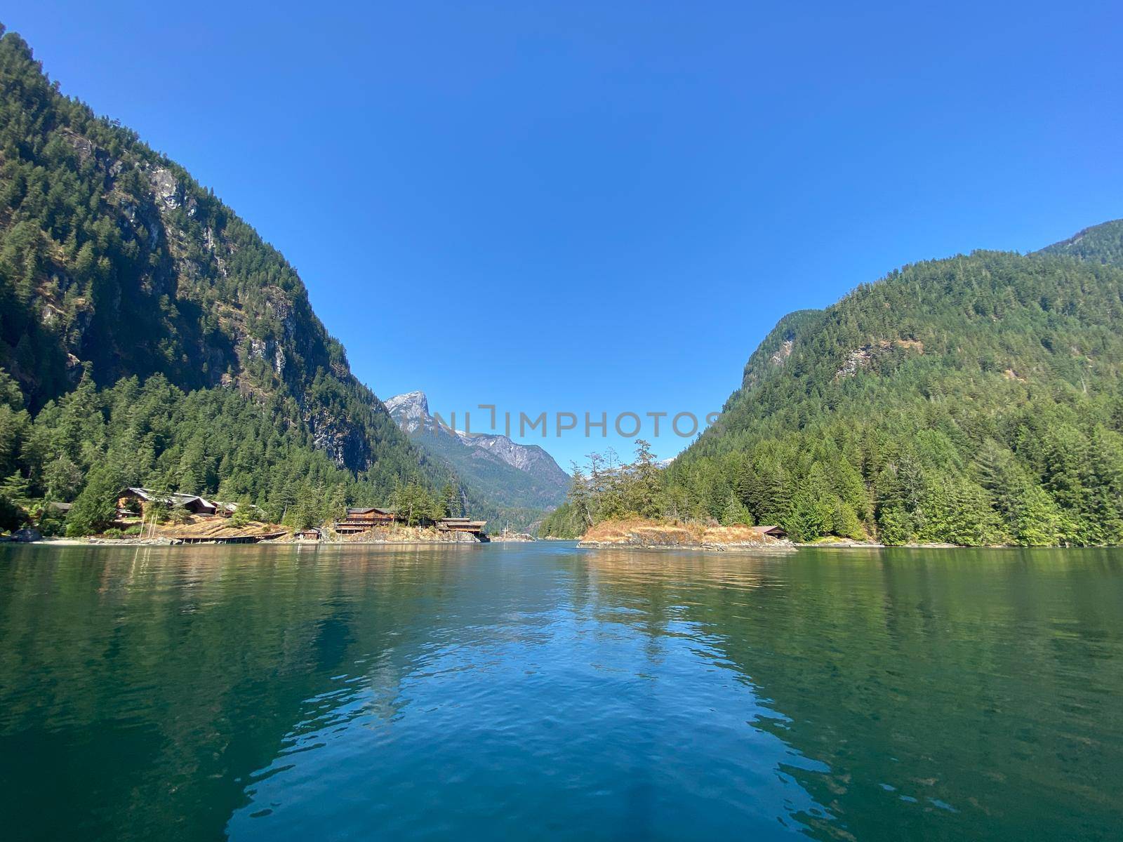 View of Malibu Rapids, entrance to Princess Louisa Inlet in British Columbia, Canada with a view of Malibu Lodge by Granchinho