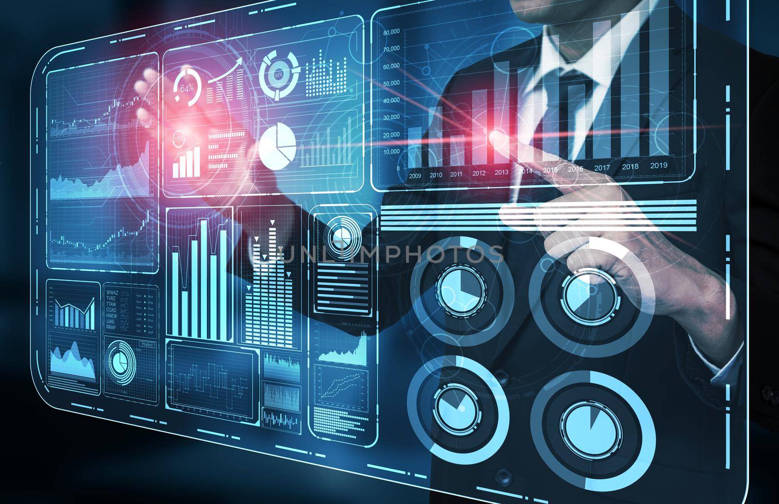 Big Data Technology for Business Finance Analytic Concept. Modern graphic interface shows massive information of business sale report, profit chart and stock market trends analysis on screen monitor.