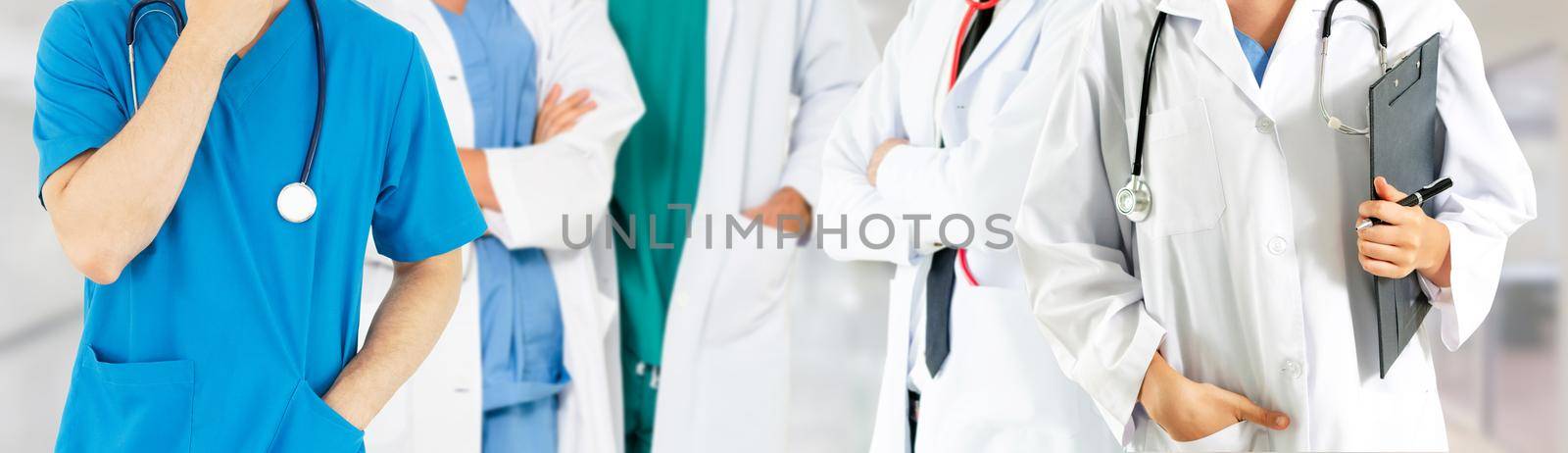 Healthcare people group. Professional doctor working in hospital office or clinic with other doctors, nurse and surgeon. Medical technology research institute and doctor staff service concept.