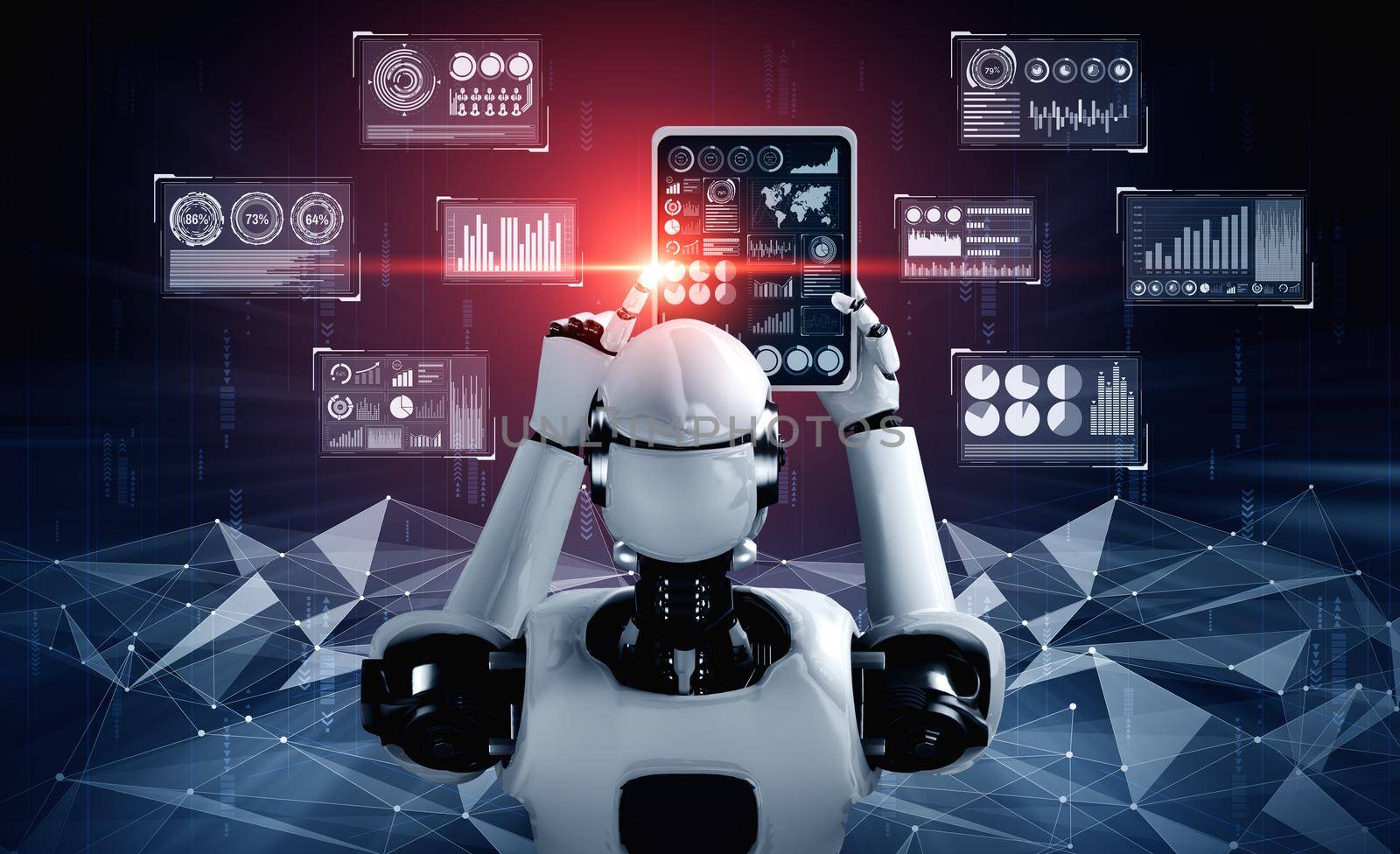 Robot humanoid using tablet computer for big data analytic using AI thinking brain , artificial intelligence and machine learning process for the 4th fourth industrial revolution . 3D rendering.