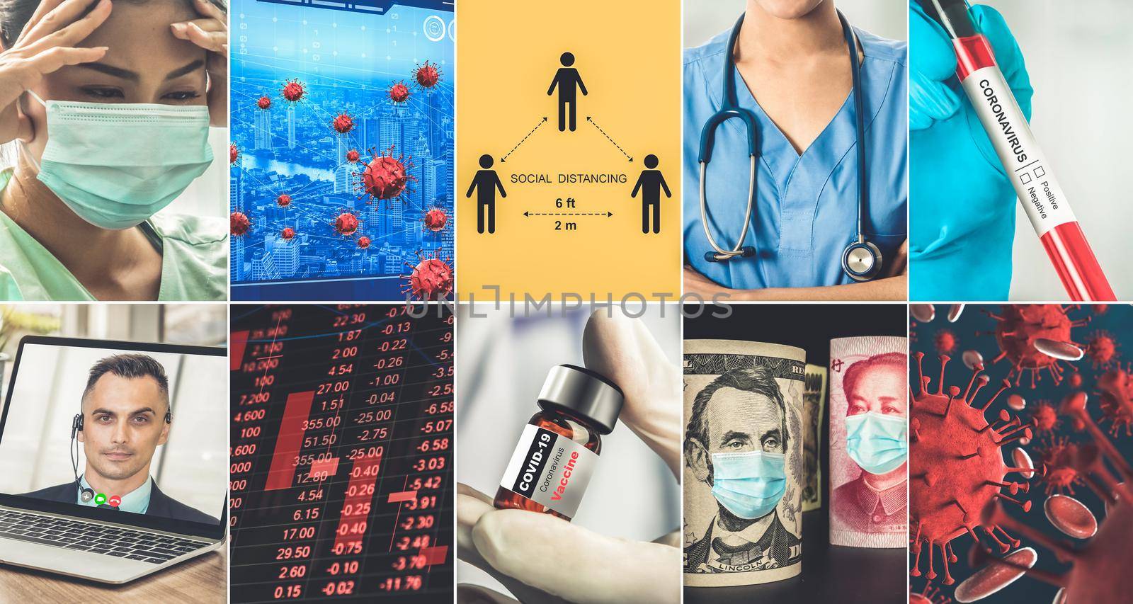 Coronavirus COVID-19 news story summary photo set in concept of covid-19 effects to people life behavior, economy, social and medical service caused by outbreak of 2019 coronavirus disease.