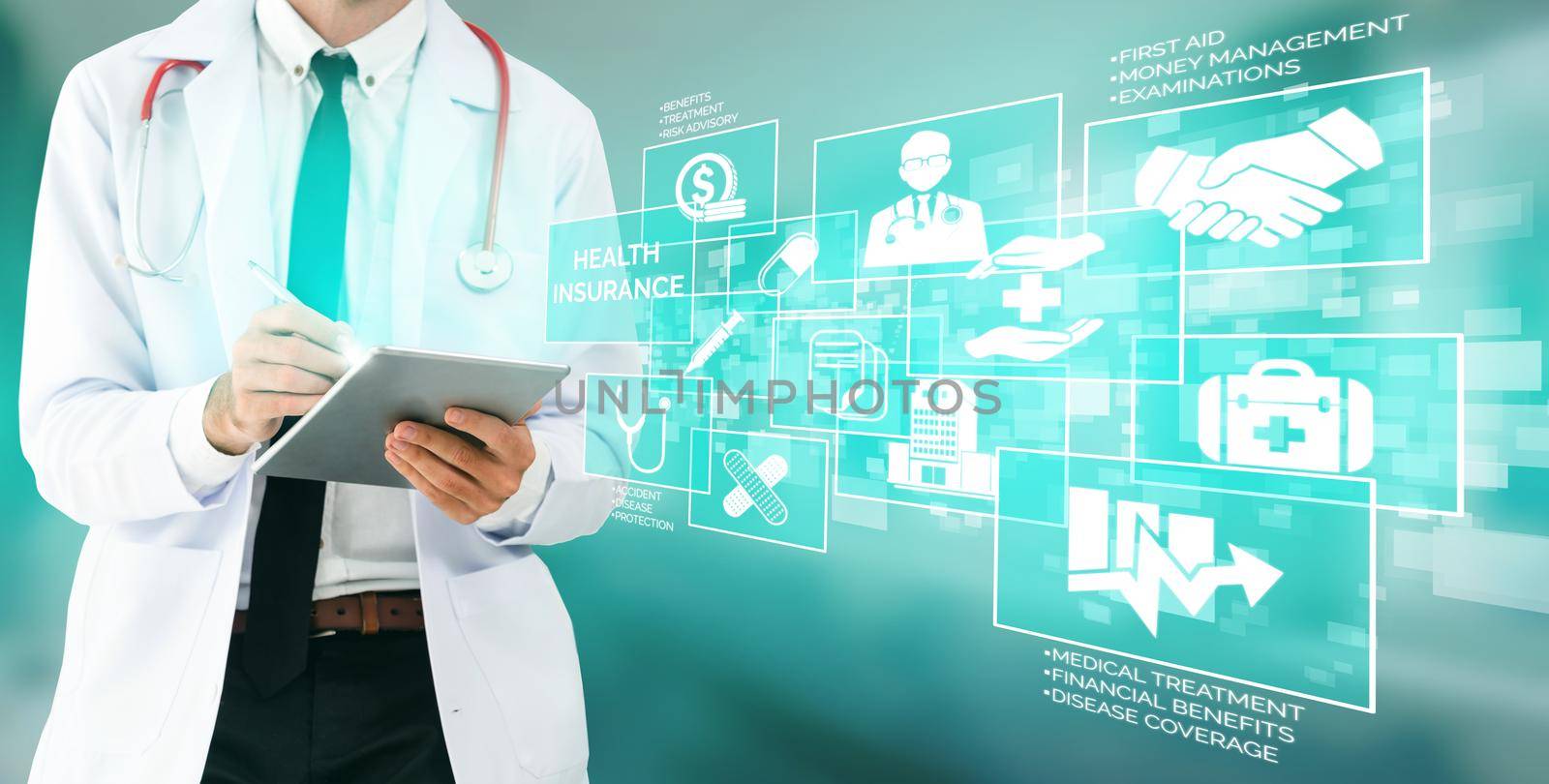 Health Insurance Concept - Doctor in hospital with health insurance related icon graphic interface showing healthcare people, money planning, risk management, medical treatment and coverage benefit.