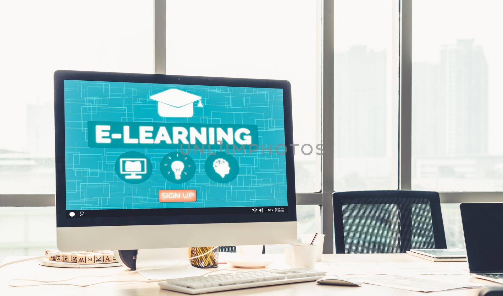 E-learning and Online Education for Student and University Concept. Video conference call technology to carry out digital training course for student to do remote learning from anywhere.