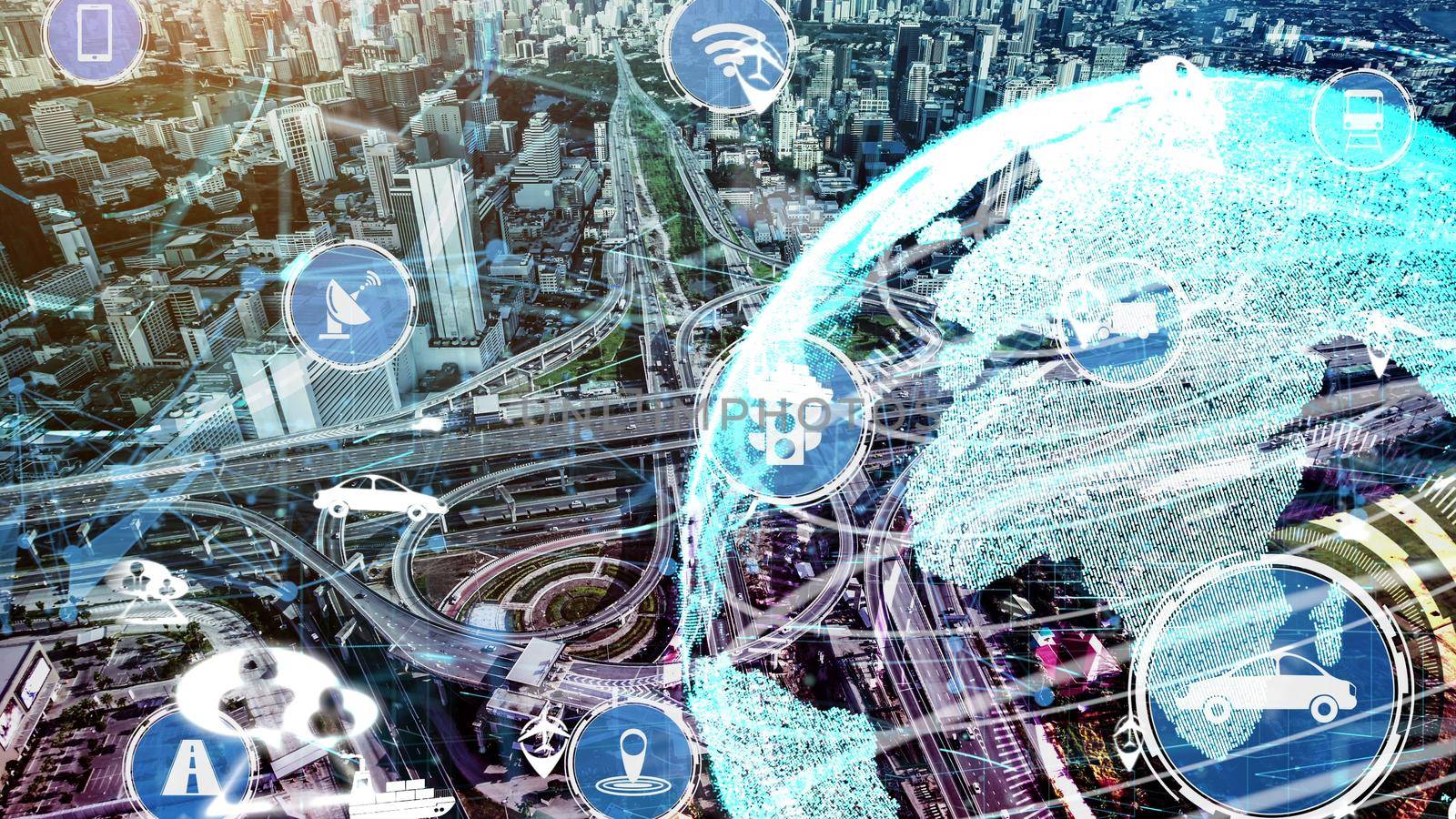 Smart transport technology concept for future car traffic on newish city road . Virtual intelligent system makes digital information analysis to connect data of vehicle on city street .