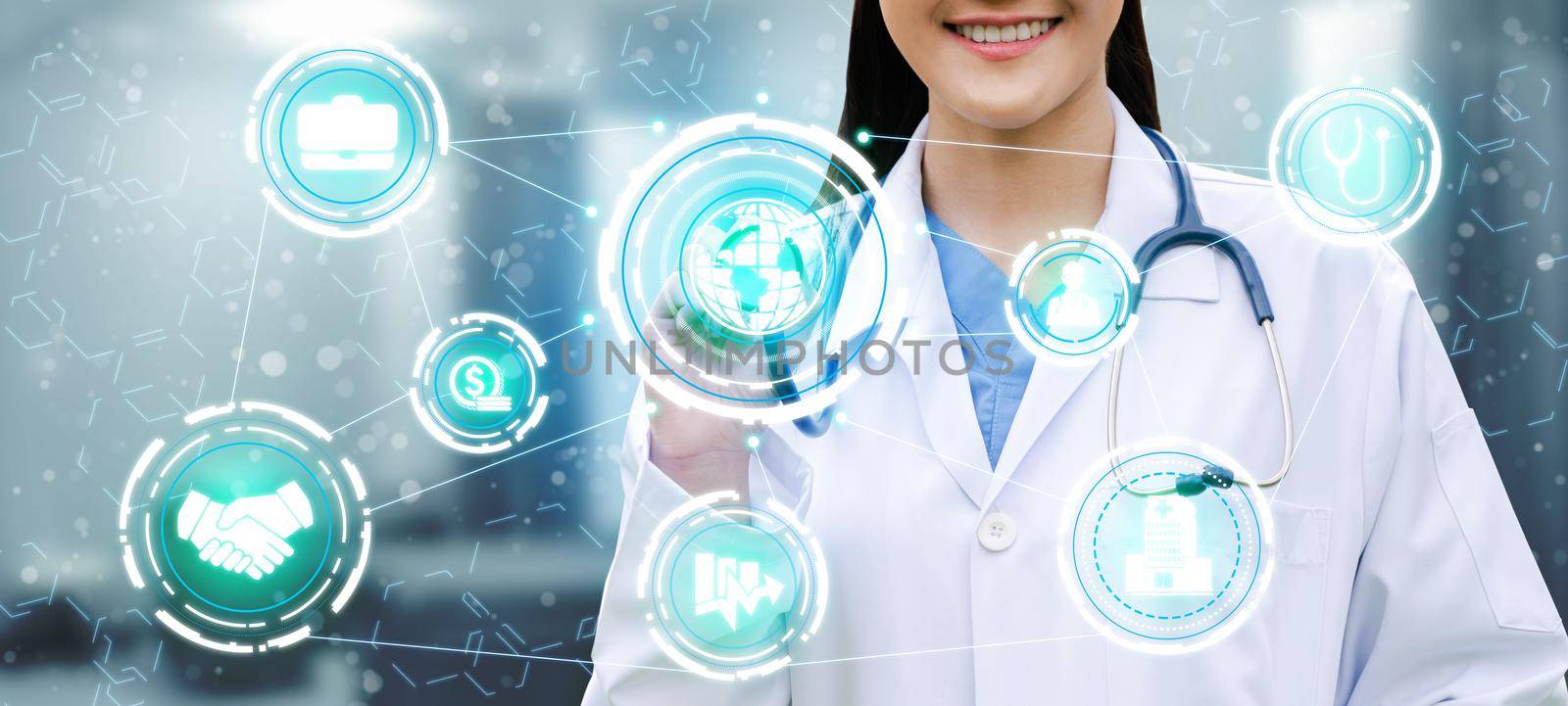 Medical Healthcare Concept - Doctor in hospital with digital medical icons graphic banner showing symbol of medicine, medical care people, emergency service network, doctor data of patient health.