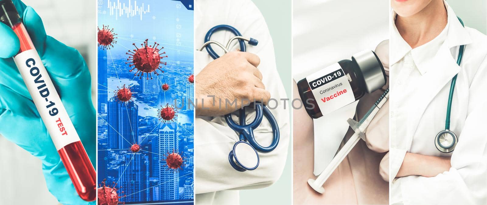 Coronavirus COVID-19 photo set banner in concept of medical treatment including medicine, vaccine and doctor service to prevent, treat and cure covid-19 or 2019 Coronavirus Disease.