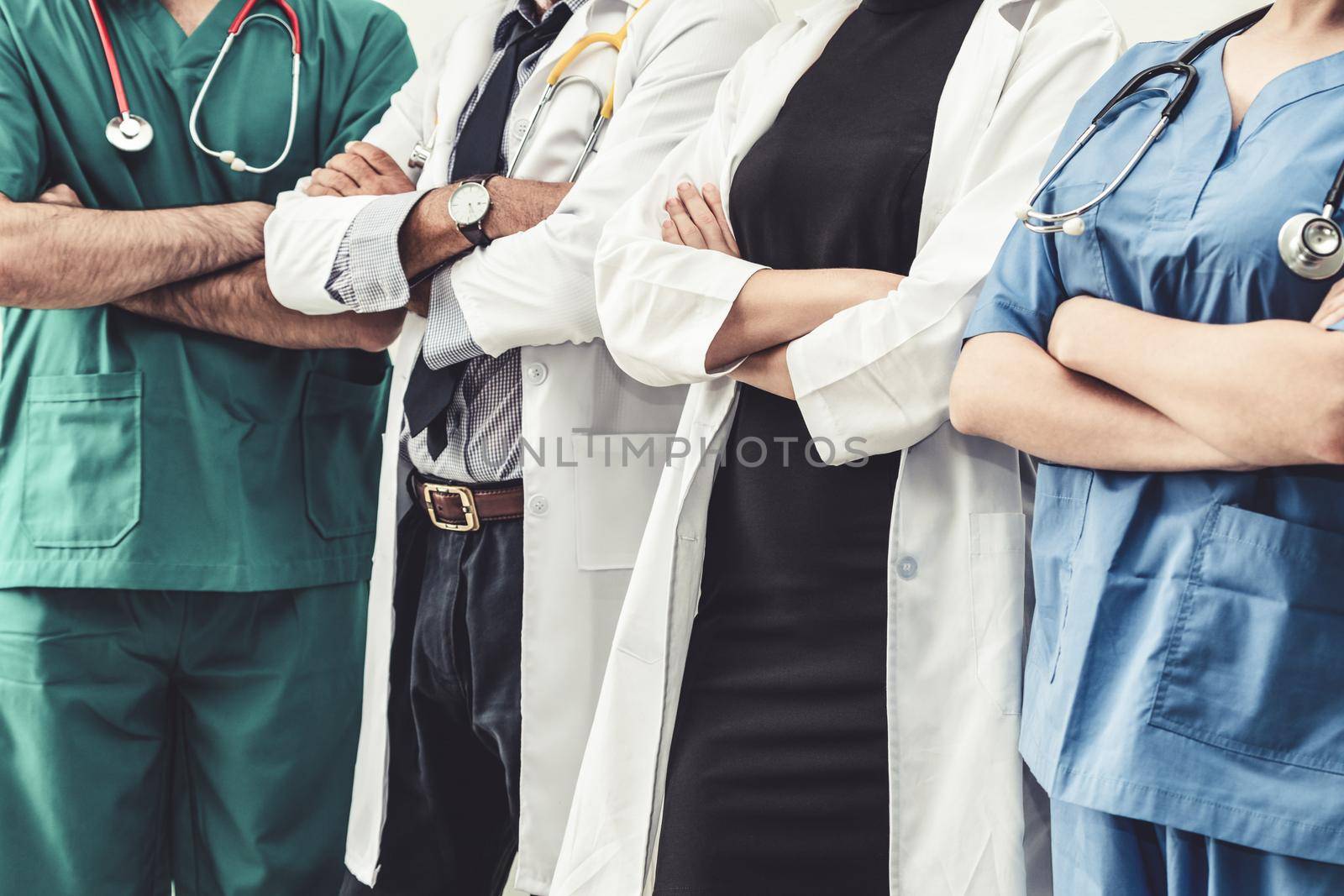 Healthcare people group. Professional doctor working in hospital office or clinic with other doctors, nurse and surgeon. Medical technology research institute and doctor staff service concept.
