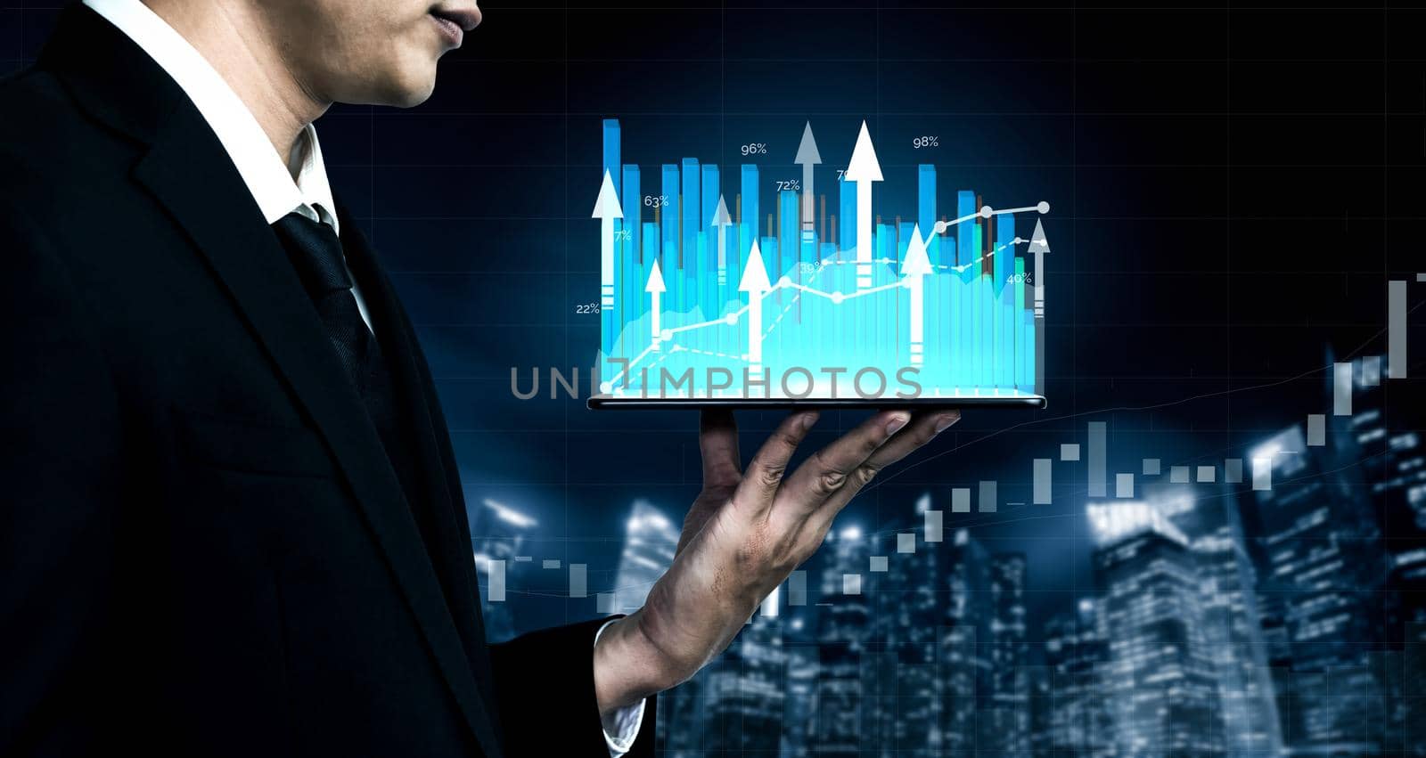 Double Exposure Image of Business and Finance - Businessman with report chart up forward to financial profit growth of stock market investment.