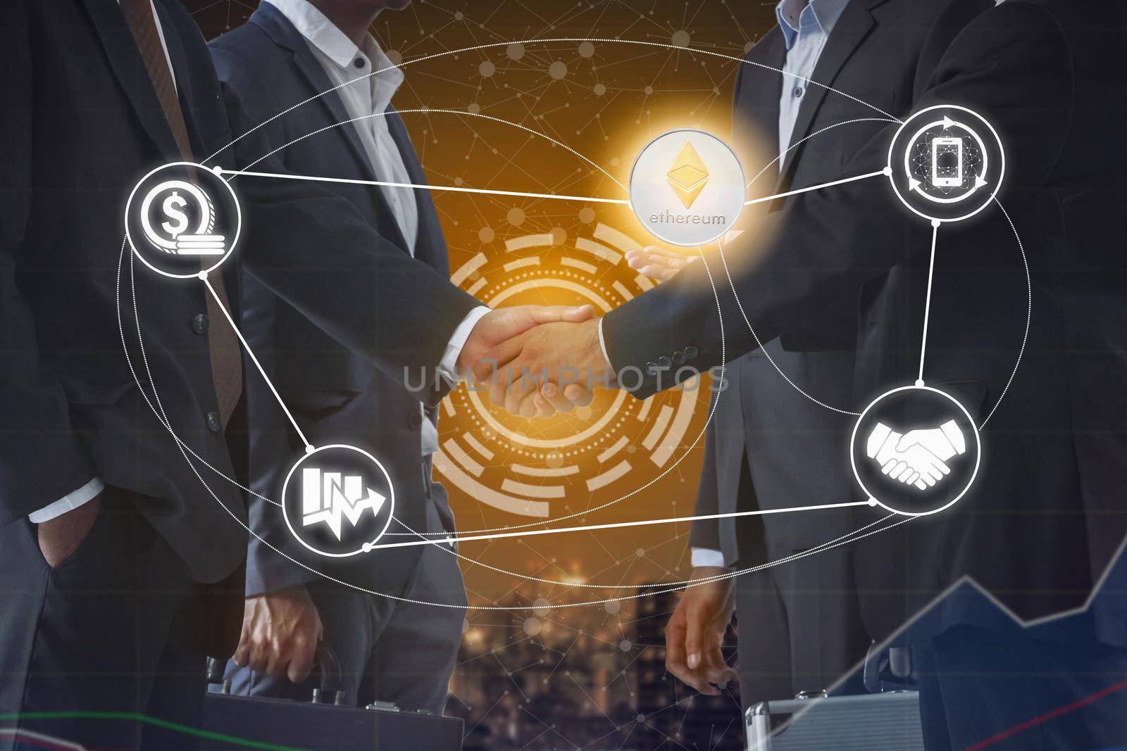 Ethereum ETH and cryptocurrency payment acceptance concept - Businessman handshaking showing accepted payment by using Ethereum coin. Blockchain and financial technology.