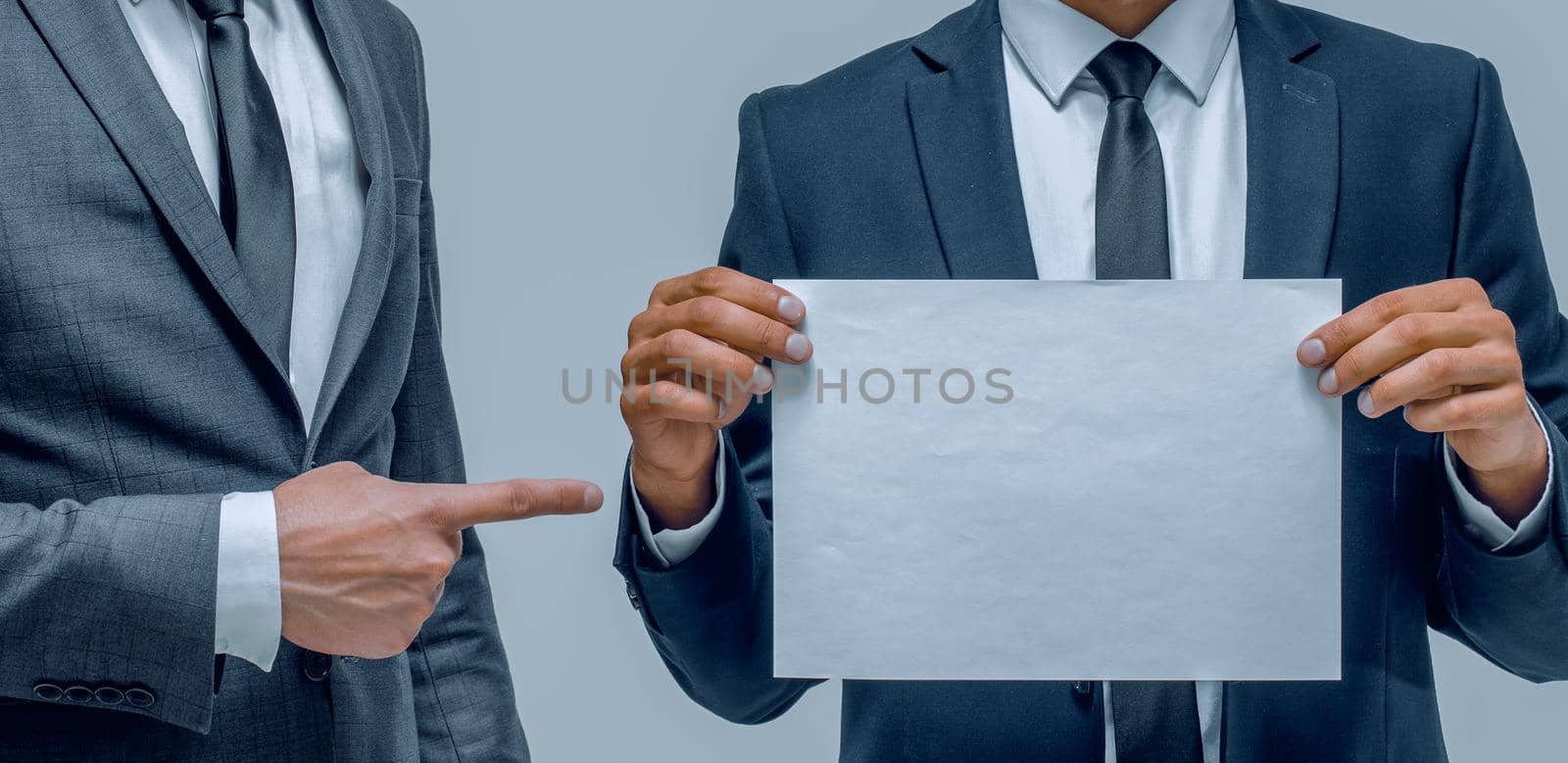 two happy men holding blank placard jver white background