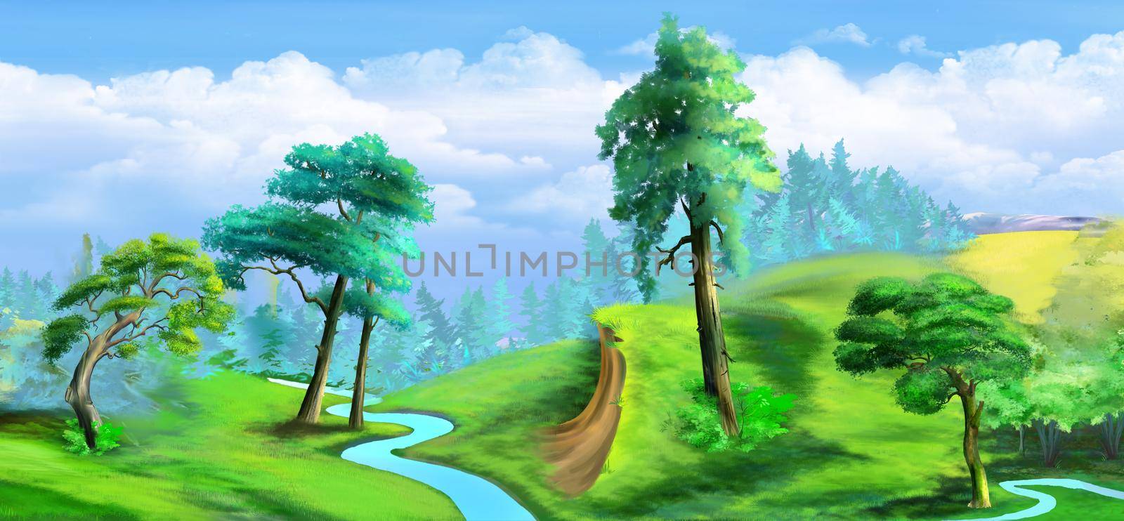 Natural parkland with a river on a sunny summer day. Digital Painting Background, Illustration.