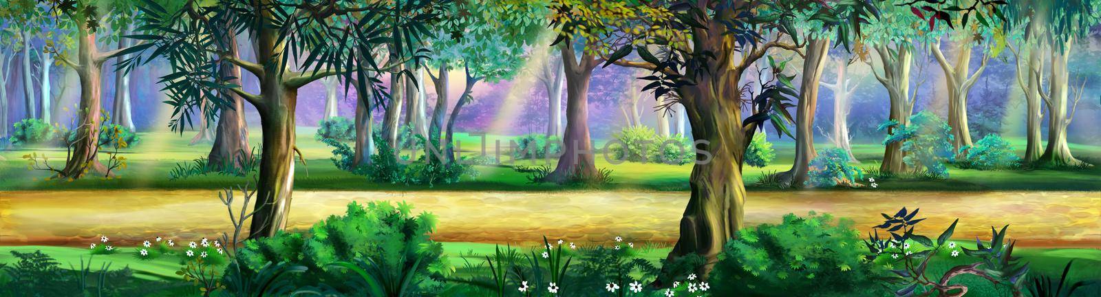 Pathway on a public park on a sunny summer day. Digital Painting Background, Illustration.