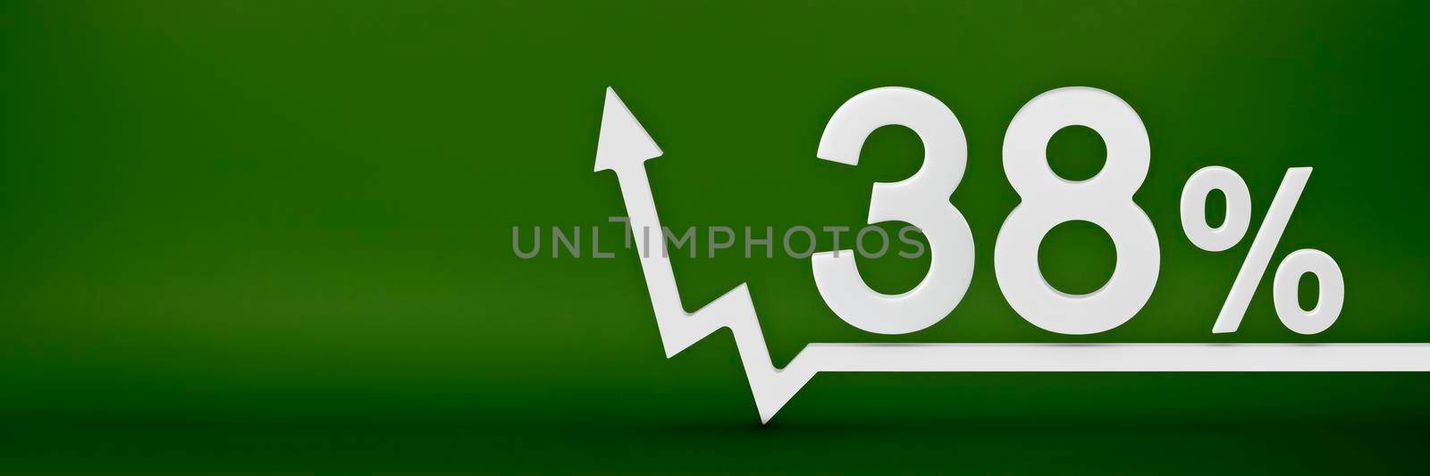 38 percent. The arrow on the graph points up. Rising prices, inflation, increase in income, increase in interest rates, taxes. 3d banner, thirty eight percent sign discount on a green background. by SERSOL