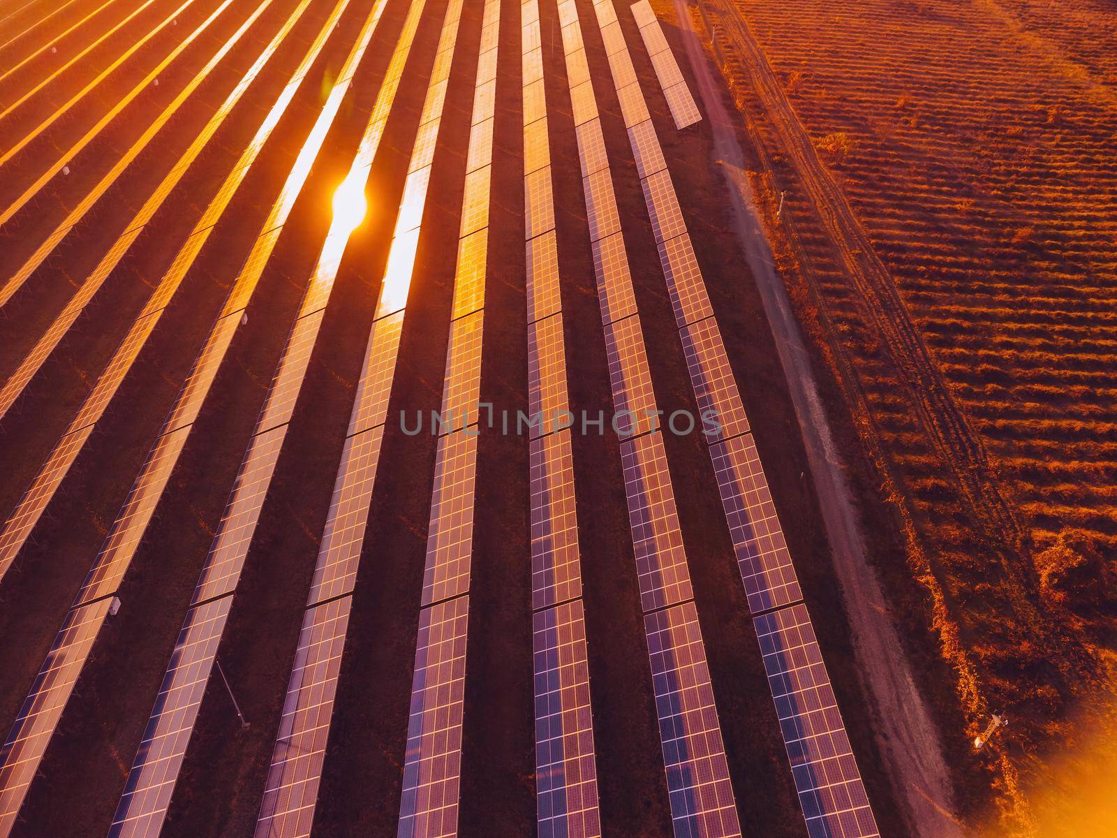 Aerial top view of a solar panels power plant. Photovoltaic solar panels at sunrise and sunset in countryside from above. Modern technology, climate care, earth saving, renewable energy concept