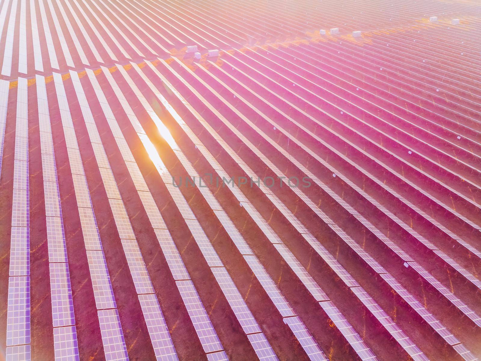 Aerial top view of a solar panels power plant. Photovoltaic solar panels at sunrise and sunset in countryside from above. Modern technology, climate care, earth saving, renewable energy concept