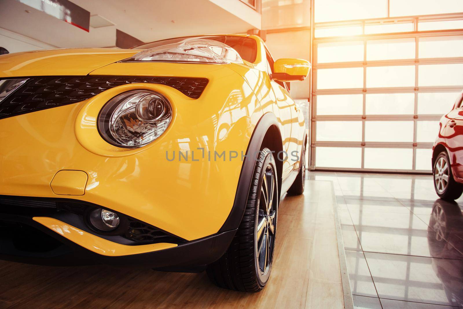 Headlights and hood of sport car. Exhibition