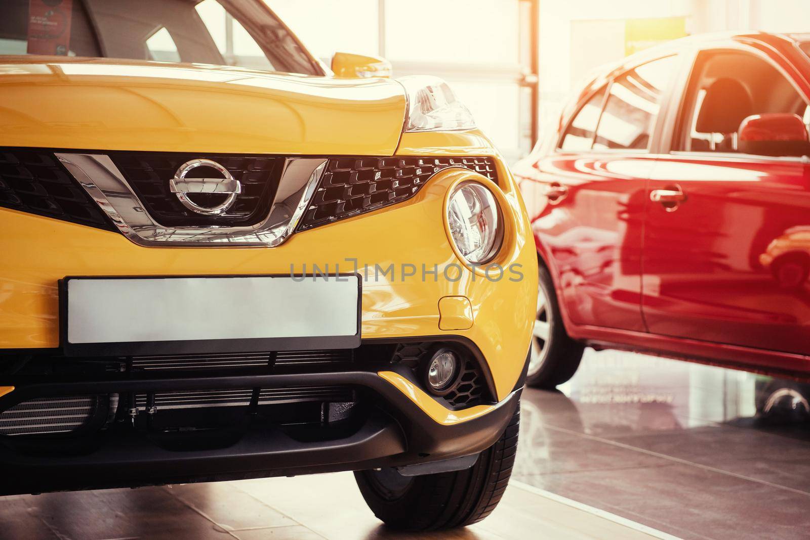 Headlights and hood of sport car. Exhibition