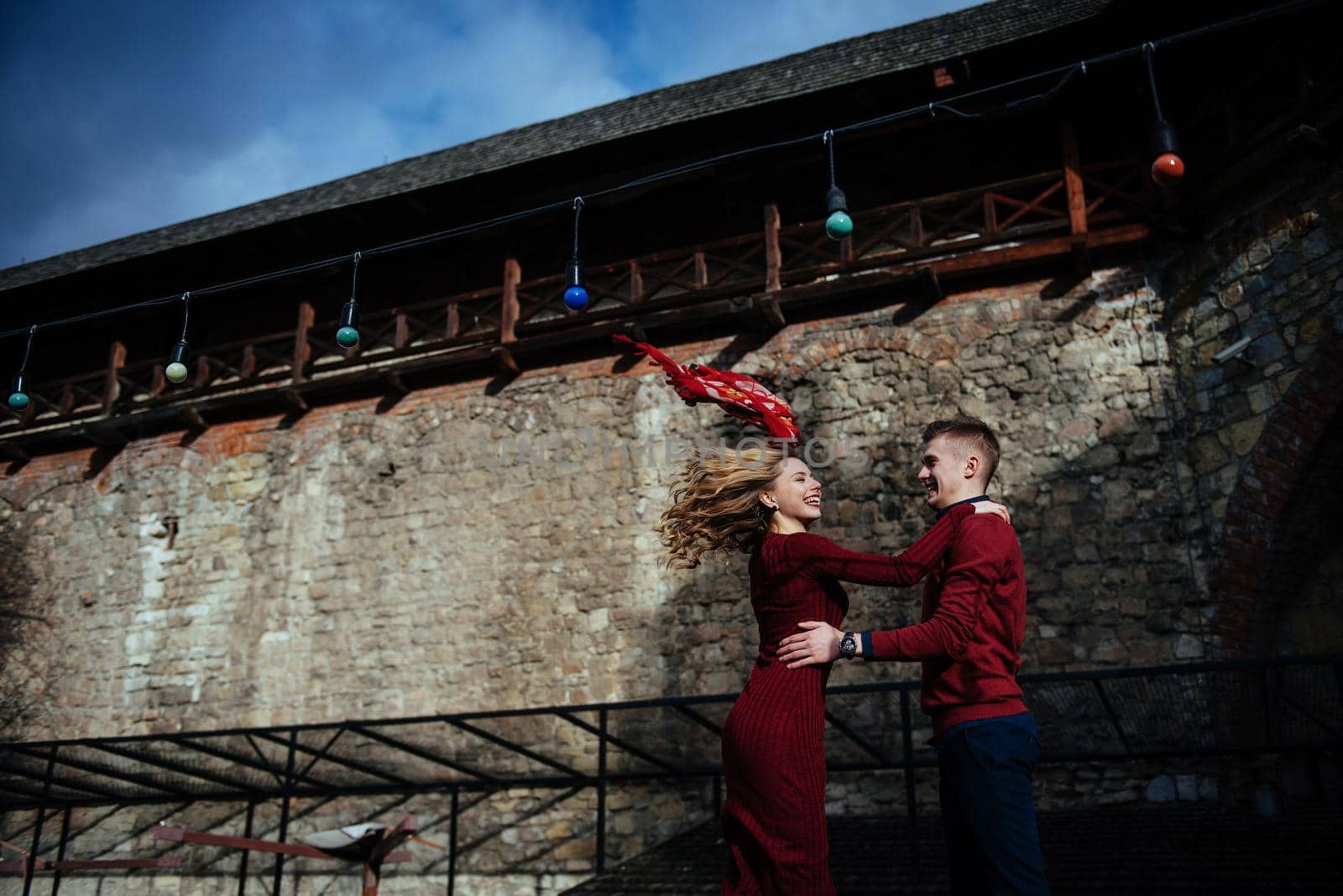 Happy couple in love on the streets of the beautiful city.
