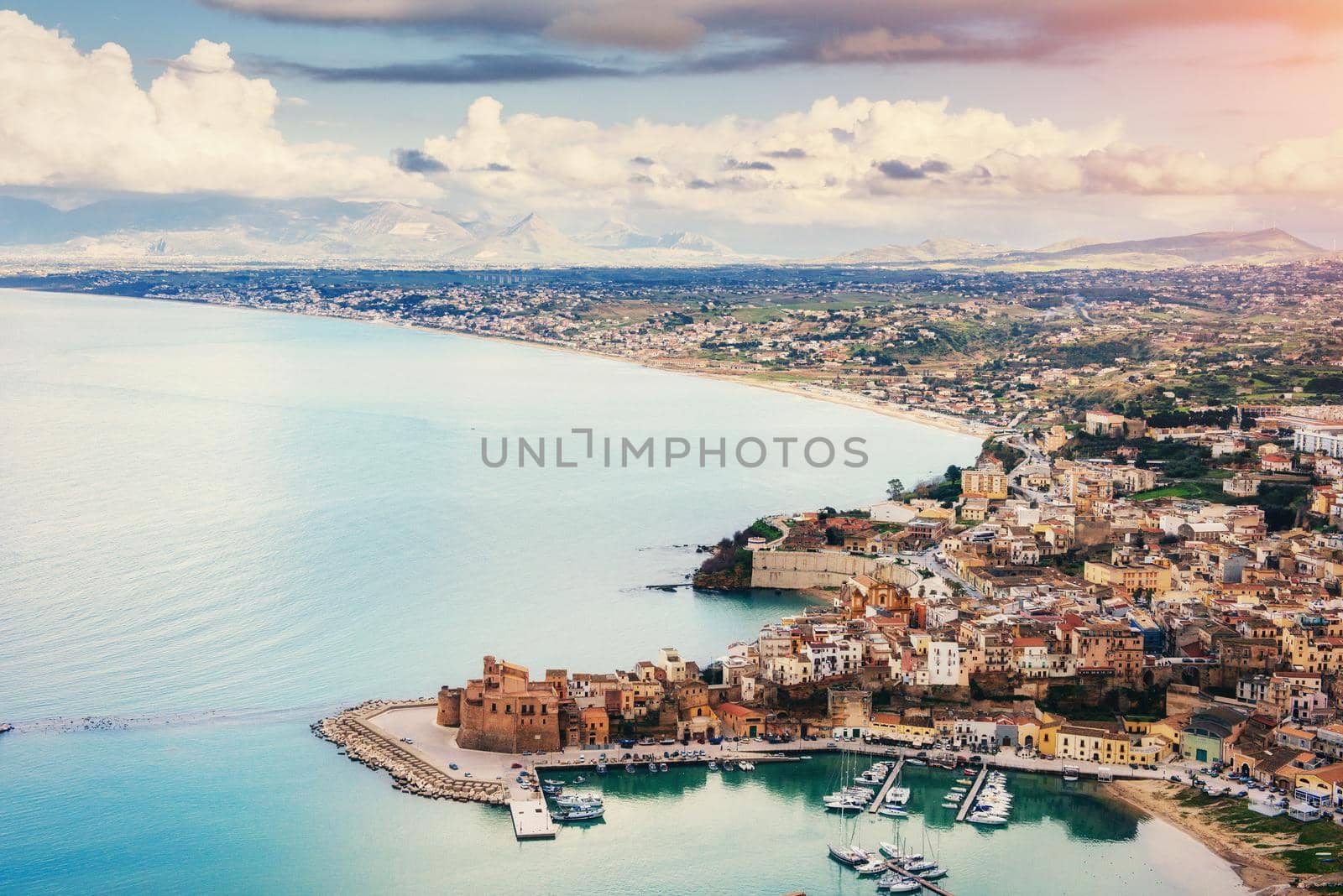 The view from the heights of the city. The dramatic and picturesque scene. Location Trapani, Erice, Sicily, Italy, Europe. Mediterranean and Tyrrhenian Sea.