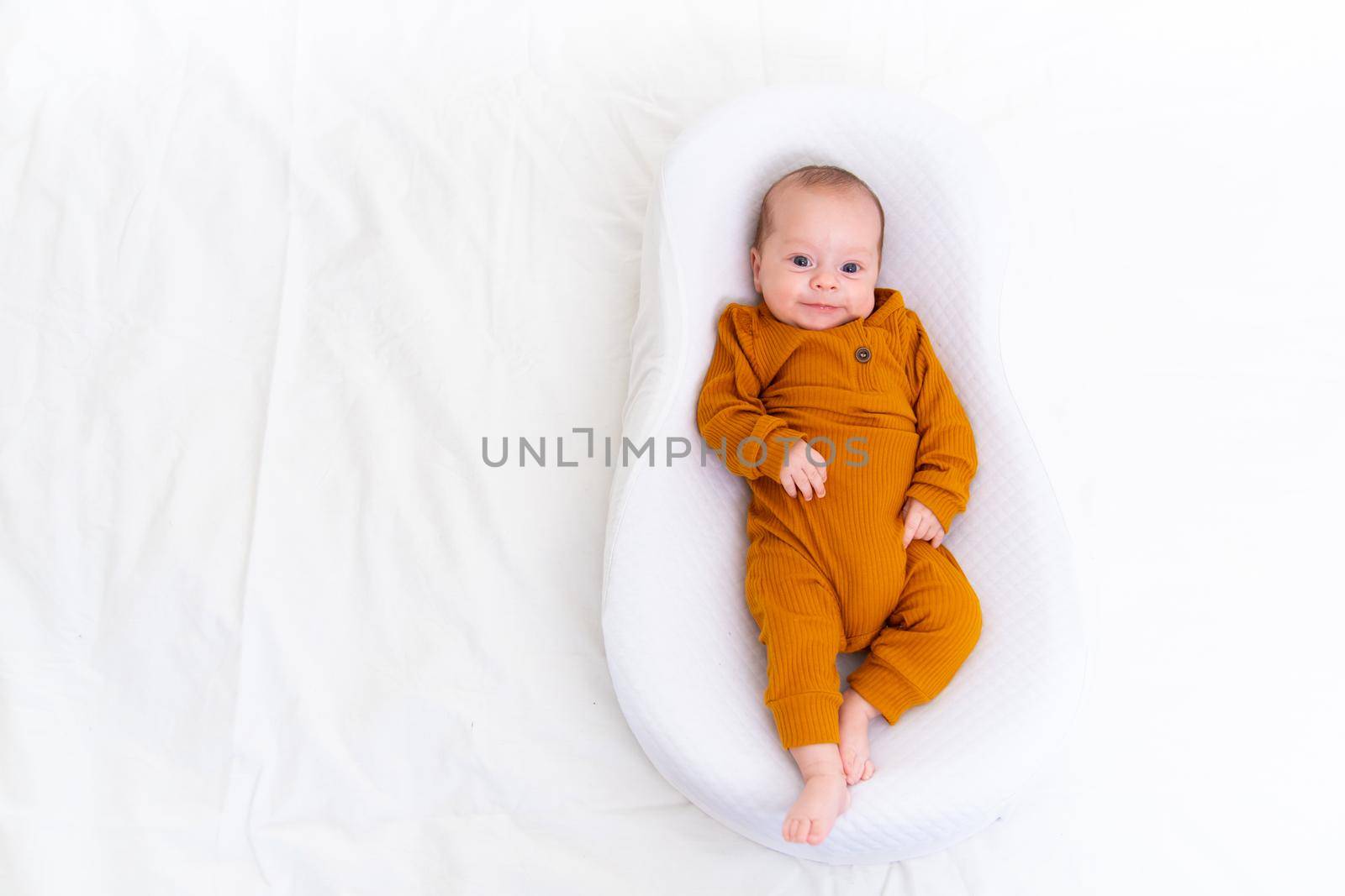 The baby is lying in a cocoon of copy space . The baby is 0-3 months old. A contented infant. An article about choosing a cocoon for newborns. An article about the benefits of cocoon. An article about colic . White background. High quality photo