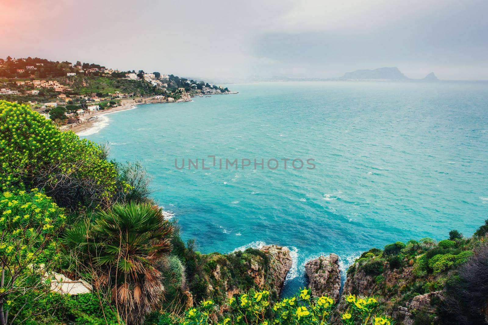 The view from the heights of the city. The dramatic and picturesque scene. Location Trapani, Erice, Sicily, Italy, Europe. Mediterranean and Tyrrhenian Sea.