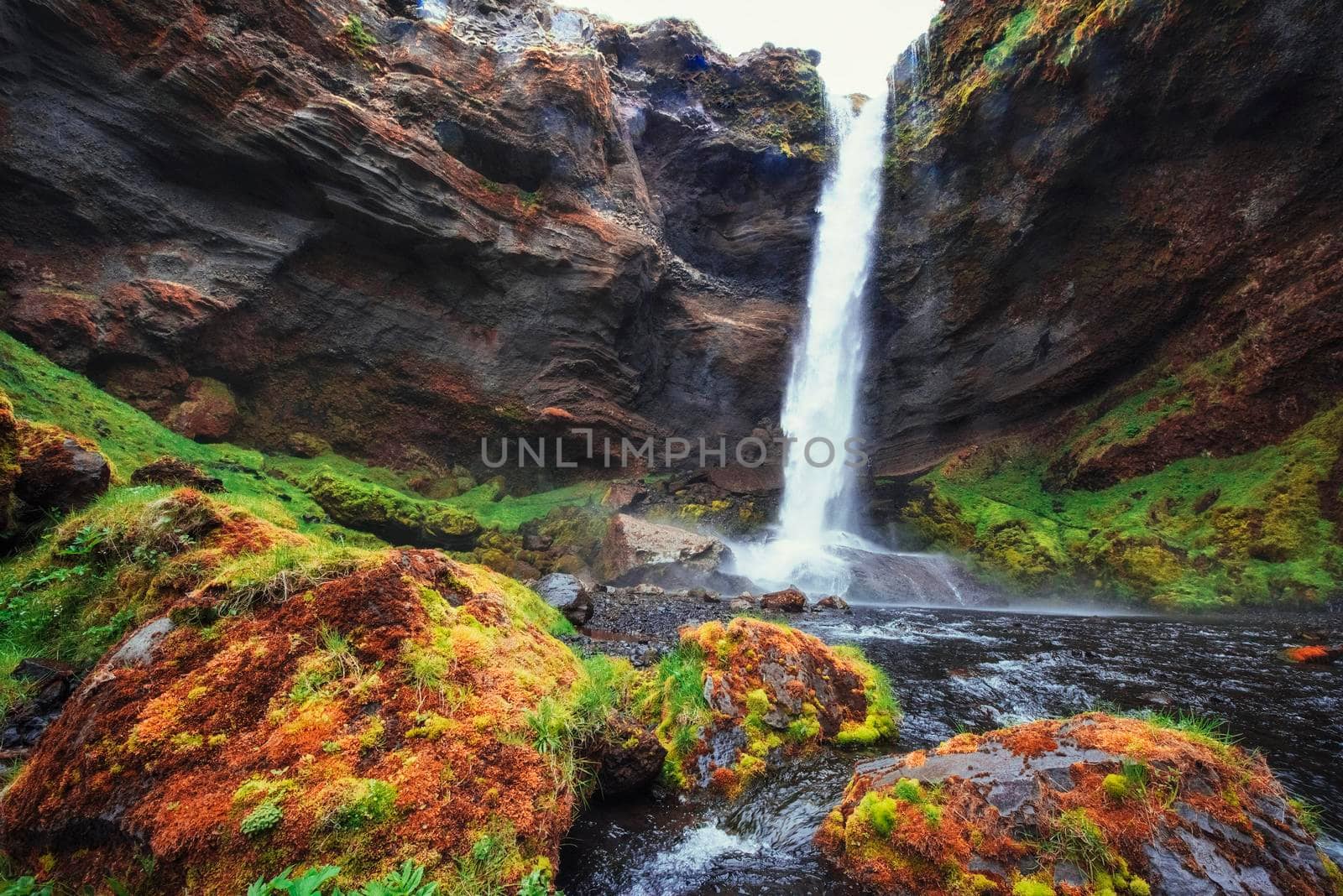 Fantastic landscape of mountains and waterfalls in Iceland.