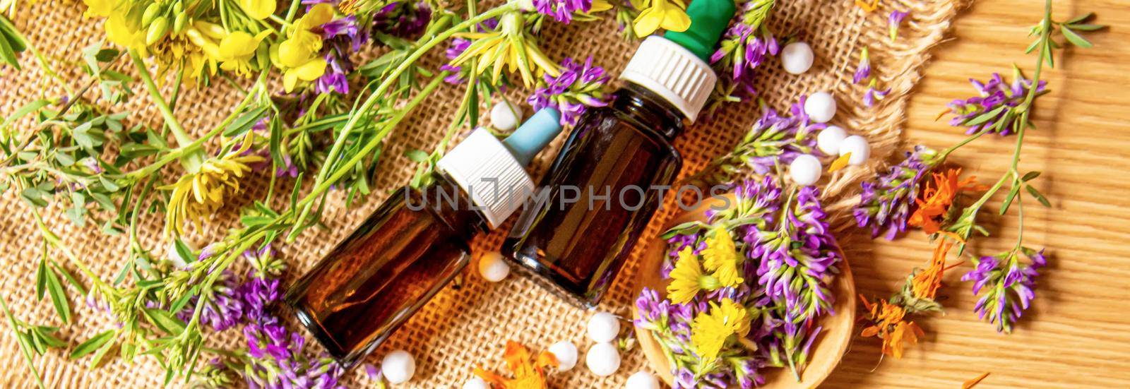 Homeopathy, herbs and their extracts. Selective focus.