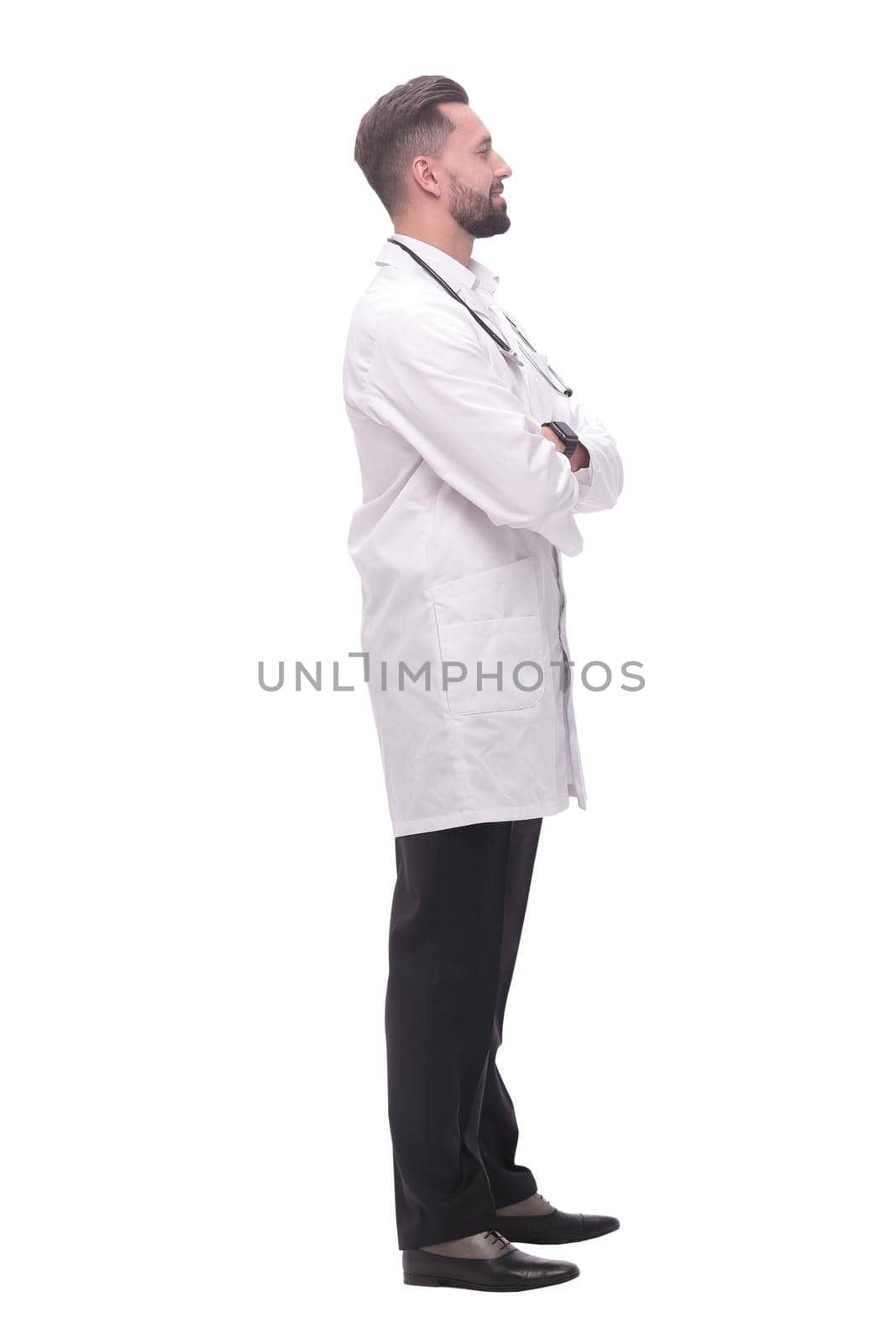 in full growth. smiling medical specialist inviting you.isolated on white background