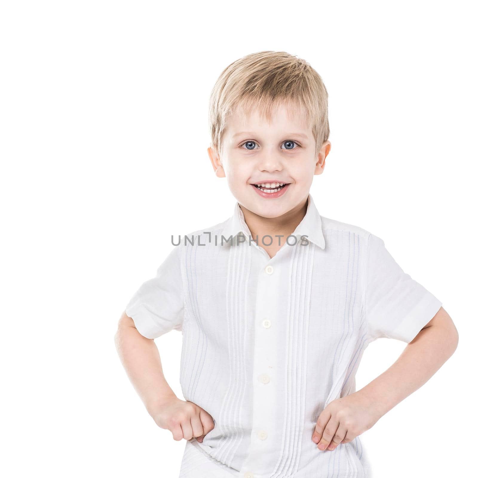 portrait of a happy five year old boy on white background by SmartPhotoLab