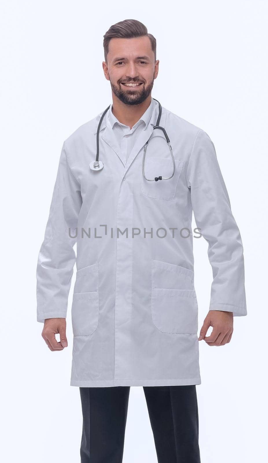 in full growth. medical professional with stethoscope .isolated on white background