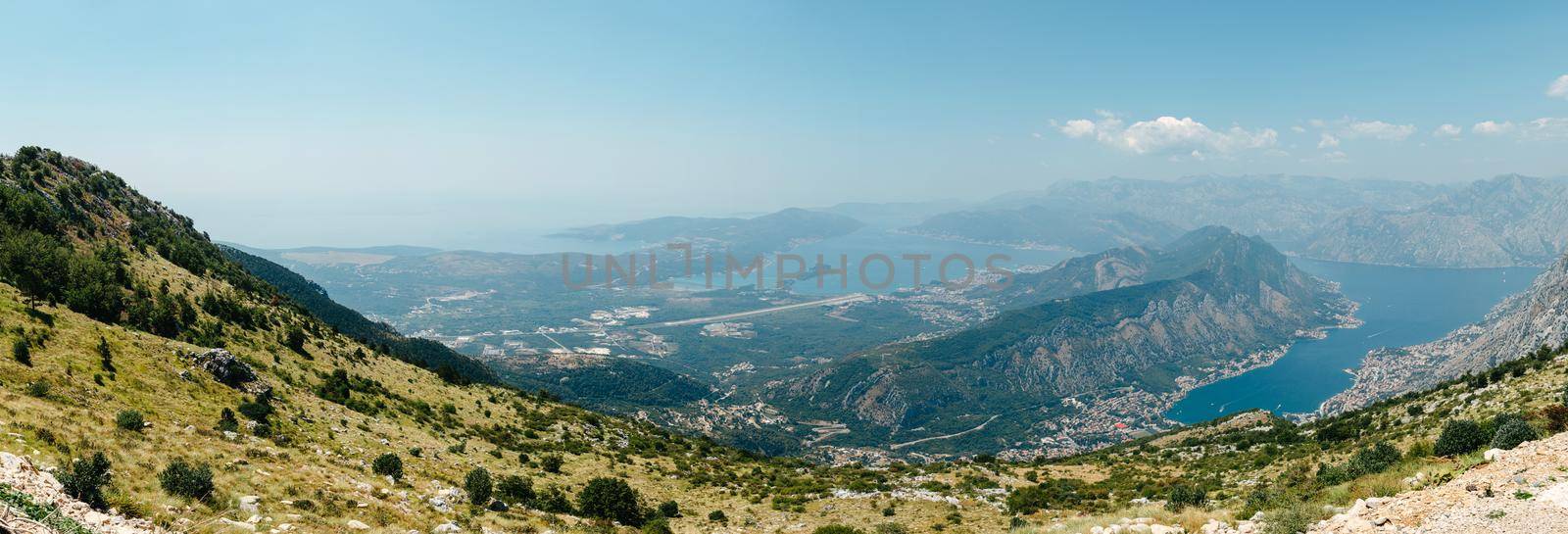 Beautiful nature mountains landscape. Kotor bay, Montenegro. Views of the Boka Bay, with the cities of Kotor and Tivat with the top of the mountain, Montenegro.