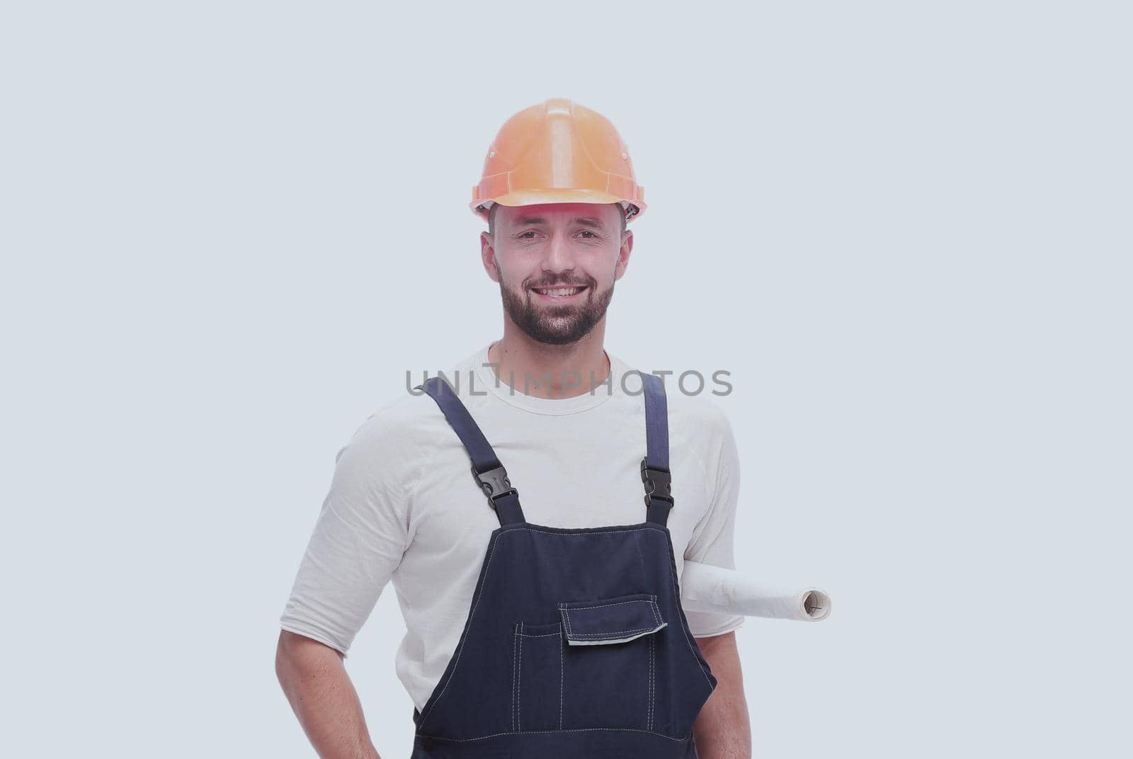 in full growth. competent worker with drawings. isolated on white background