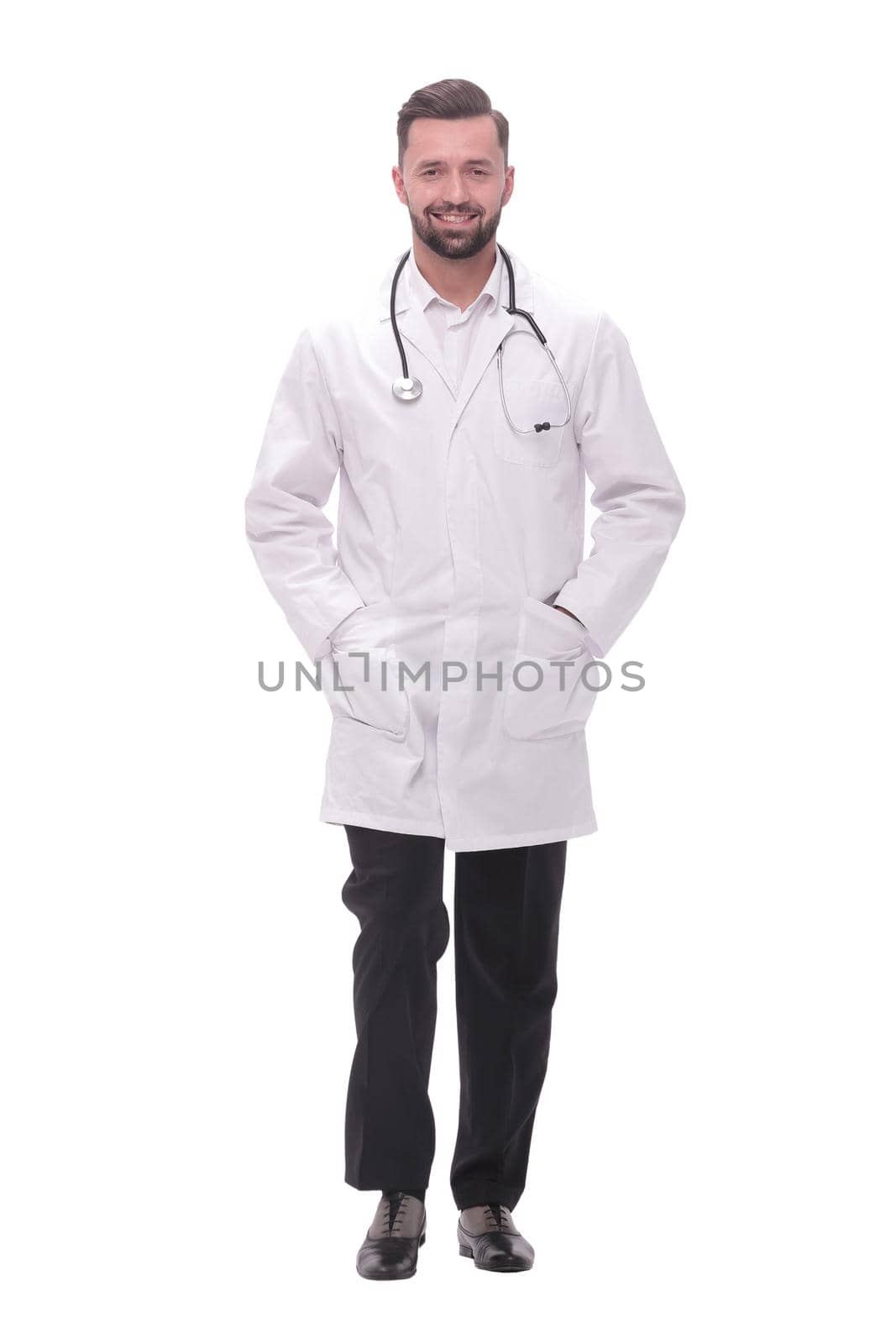 in full growth. a successful doctor is a therapist with a stethoscope .isolated on white