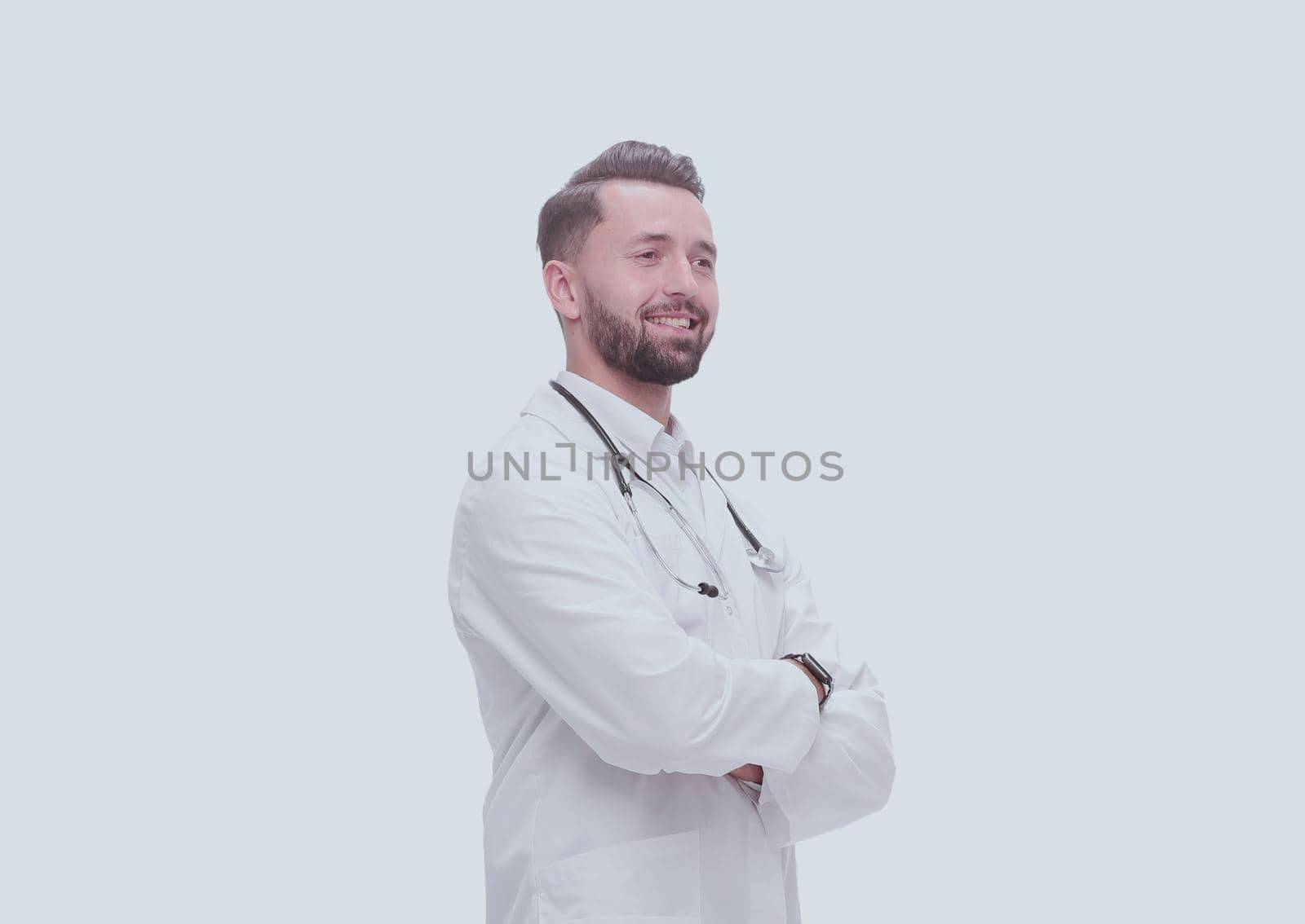 in full growth. smiling medical specialist inviting you.isolated on white background