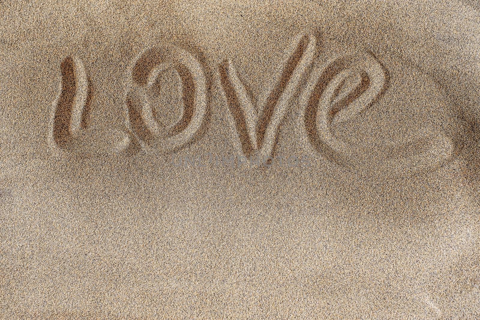 Love. Words written in beach sand background. Copy space