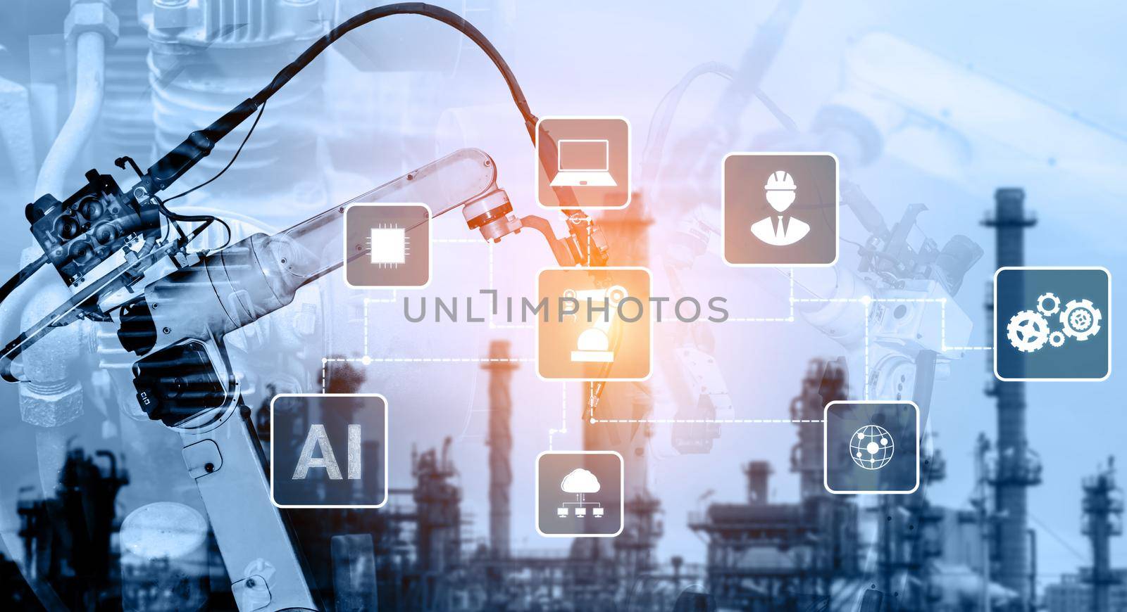 Smart industry robot arms for digital factory production technology showing automation manufacturing process of the Industry 4.0 or 4th industrial revolution and IOT software to control operation .