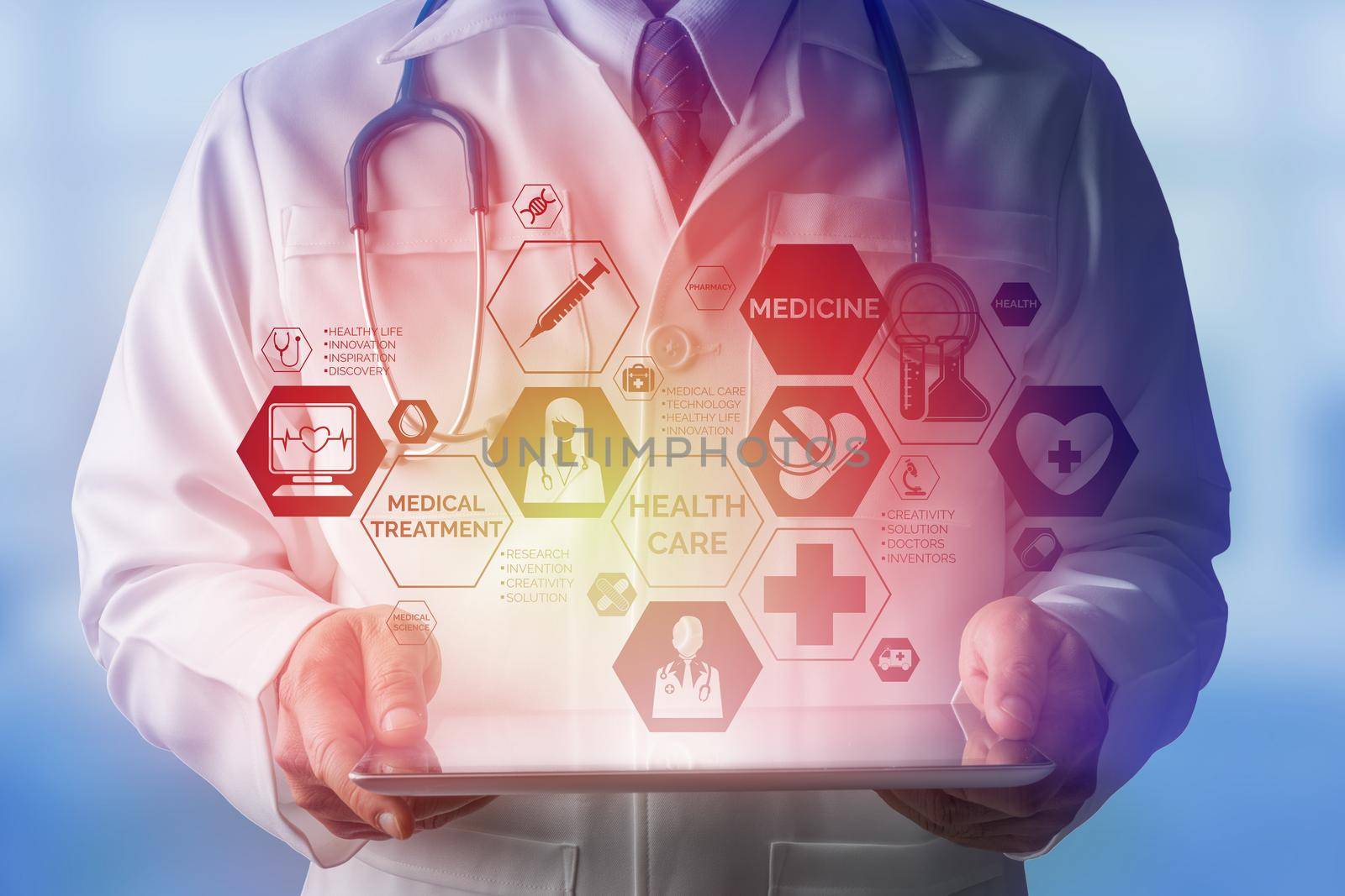 Medical Healthcare Concept - Doctor in hospital with medical icons modern interface showing symbol of medicine, innovation, medical treatment, emergency service, doctoral data and patient health.
