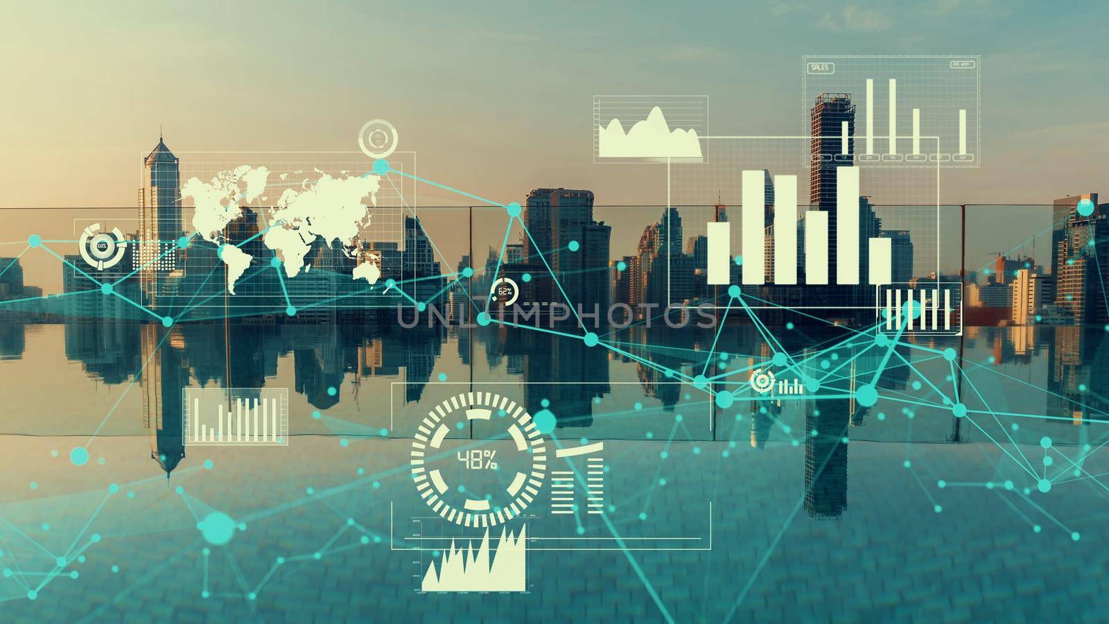 Business data analytic interface fly over smart city showing alteration future of business intelligence. Computer software and artificial intelligence are used to analyze big data for strategic plan .