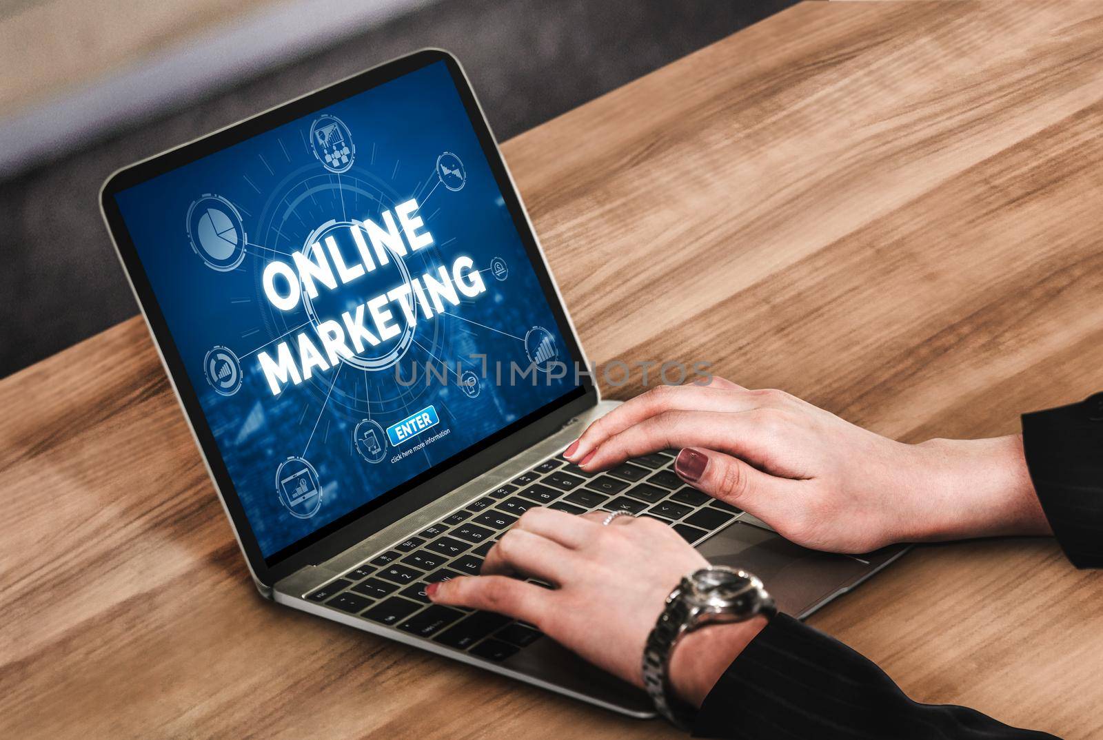 Digital Marketing Technology Solution for Online Business Concept - Graphic interface showing analytic diagram of online market promotion strategy on digital advertising platform via social media.