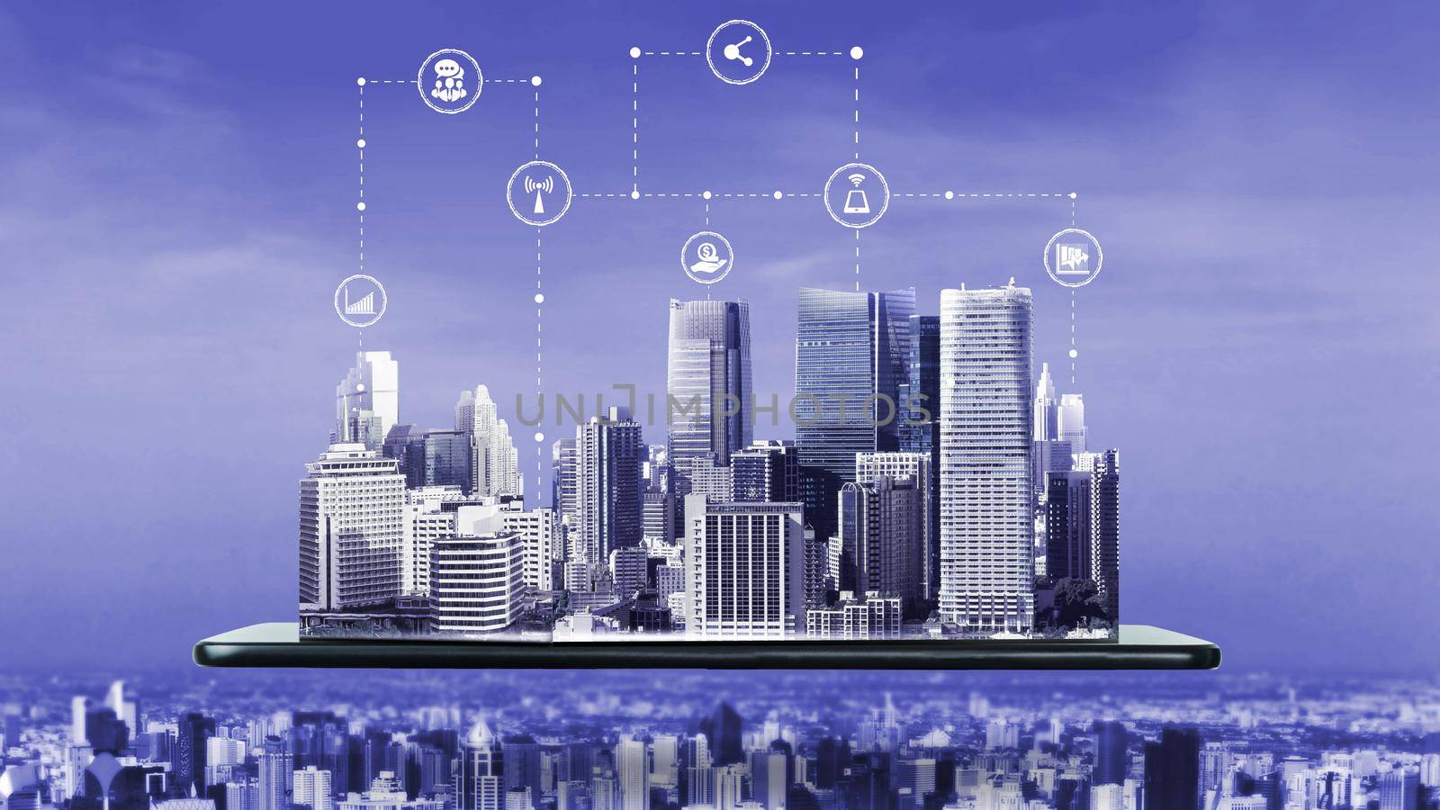 The modern creative communication and internet network connect in smart city . Concept of 5G wireless digital connection and internet of things future.