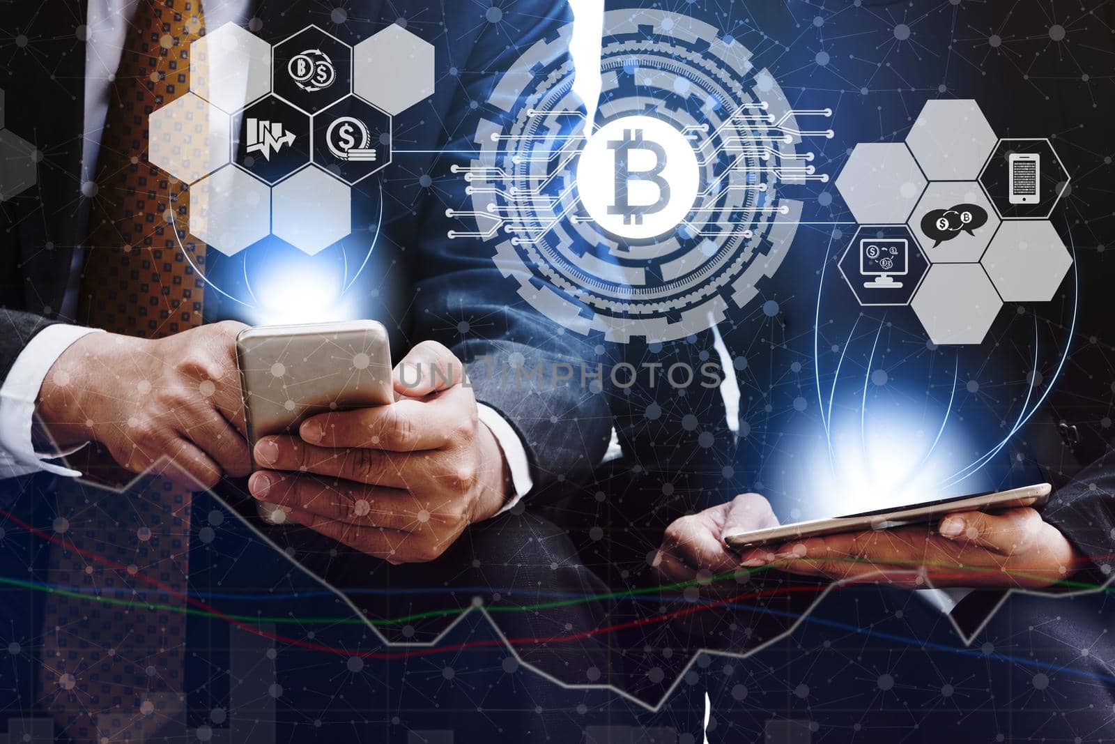 Bitcoin and cryptocurrency investing concept - Businessman using mobile phone application to trade Bitcoin BTC with another trader in modern graphic interface. Blockchain and financial technology.