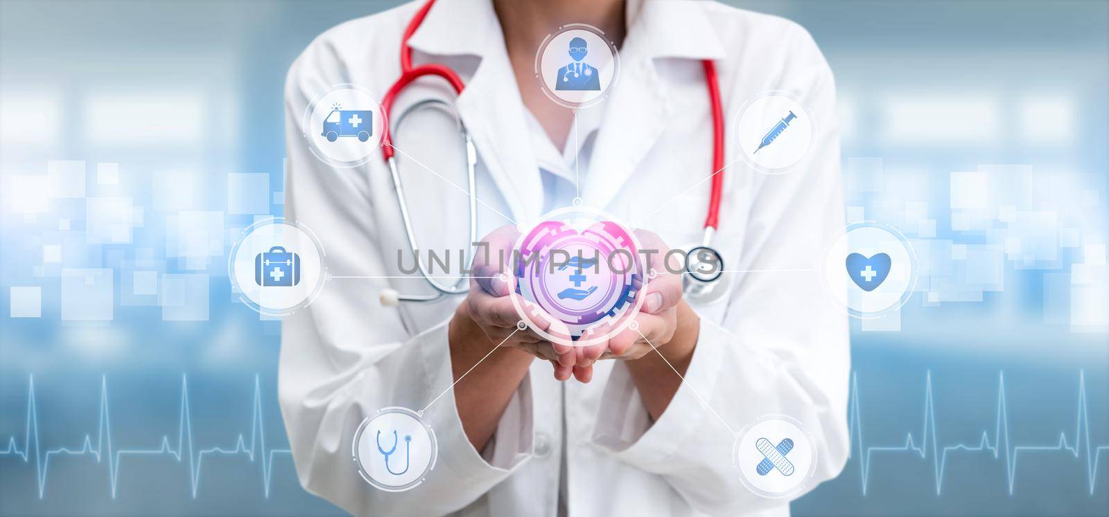 Medical Healthcare Concept - Doctor in hospital with digital medical icons graphic banner showing symbol of medicine, medical care people, emergency service network, doctor data of patient health.