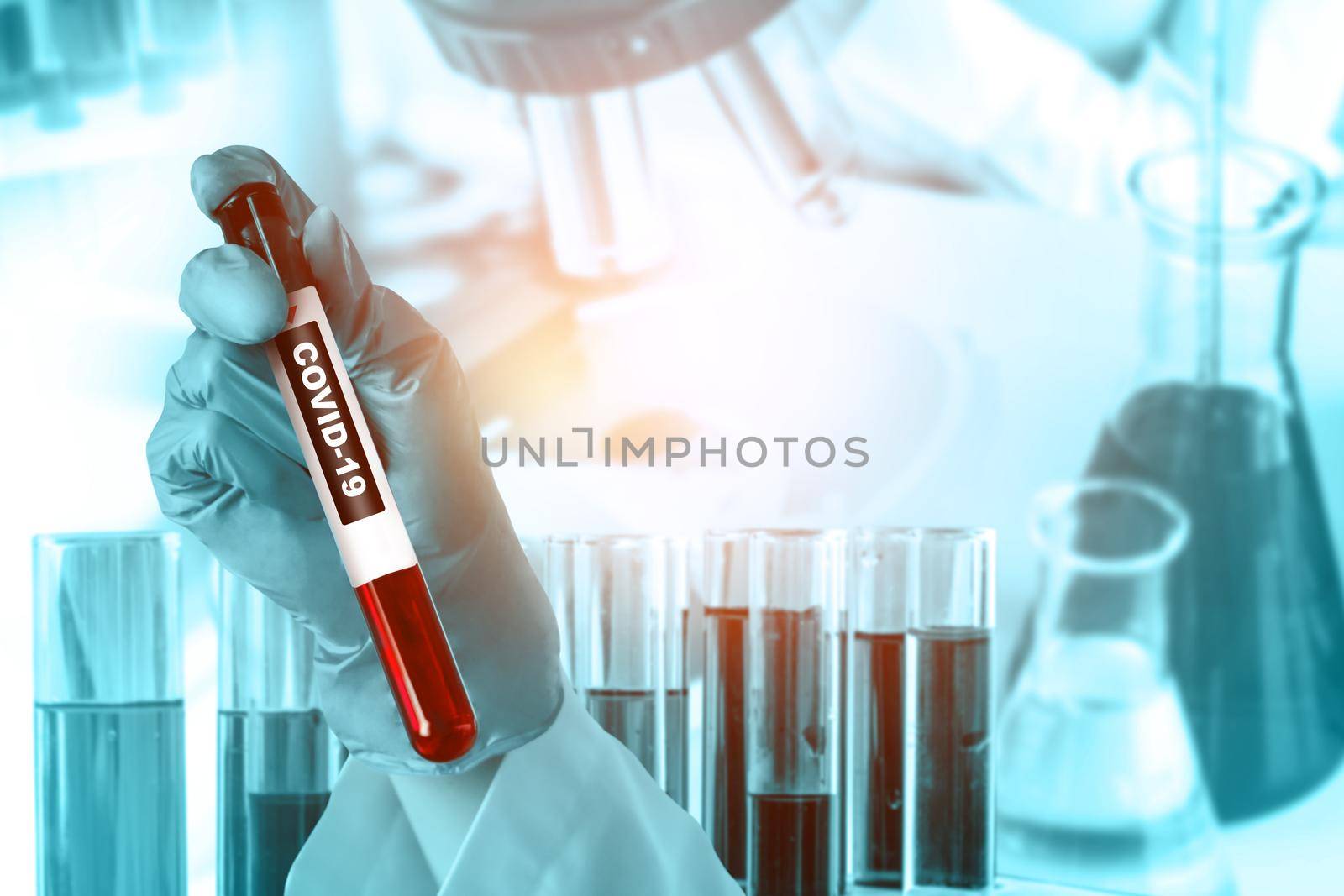 Coronavirus COVID-19 medical test vaccine research and development concept. Scientist in laboratory study and analyze scientific sample of Coronavirus antibody to produce drug treatment for COVID-19.