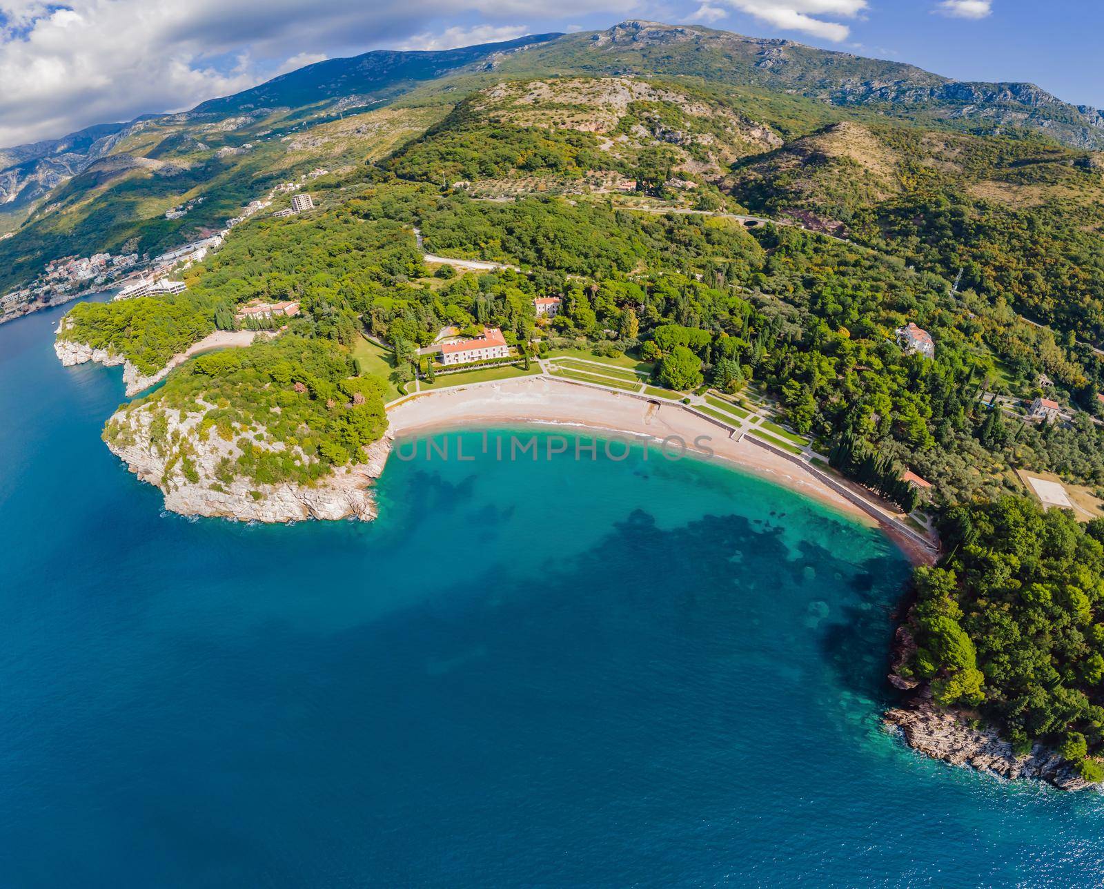 Queen's Beach in Milocer, Montenegro. Aerial view of sea waves and fantastic Rocky coast, Montenegro by galitskaya