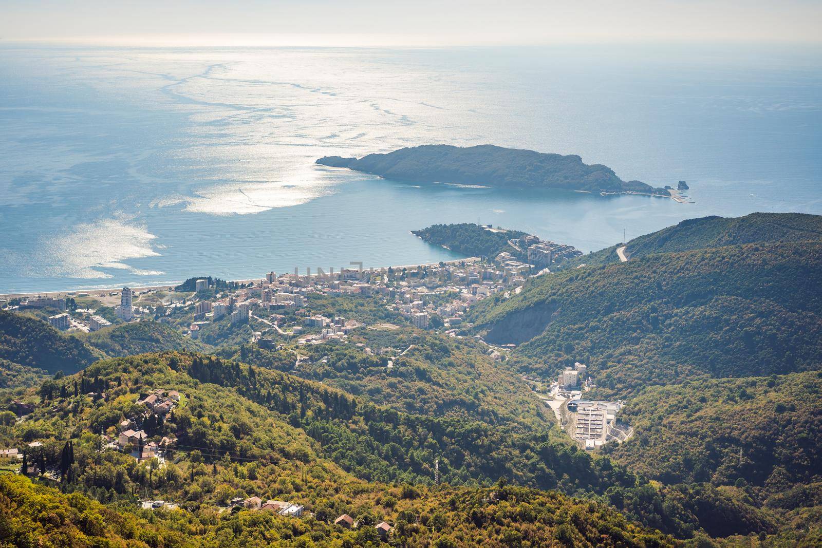 Panoramic view of the city of Budva, Montenegro. Beautiful view from the mountains to the Adriatic Sea.